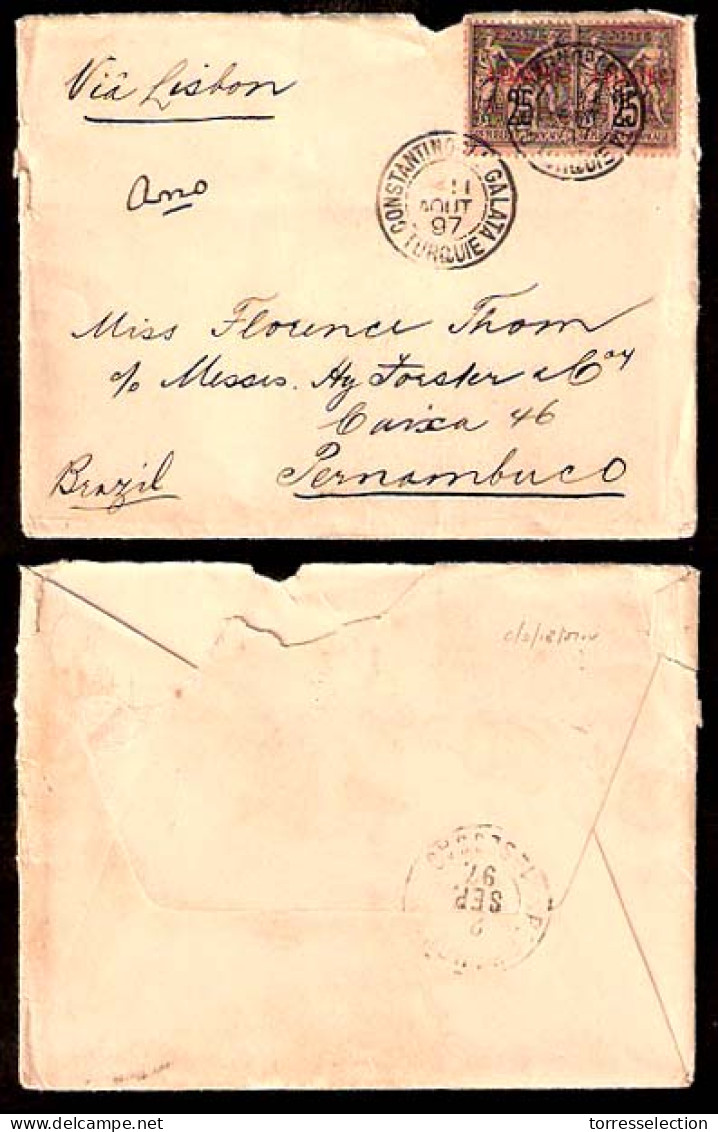 FRENCH LEVANT. 1897. Constantinople - Brazil. Fkd Env. Sage Ovpt. Arrival Cds. Rare Destination. - Autres & Non Classés