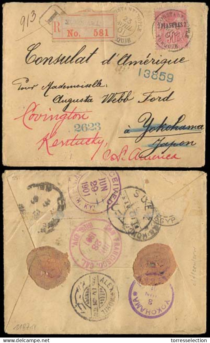 FRENCH LEVANT. 1901 (23 April). Constantinople - JAPAN - USA. Registered Env Fkd 2 Piaster / 50c. Sage, Cds + R, Fwded A - Otros & Sin Clasificación