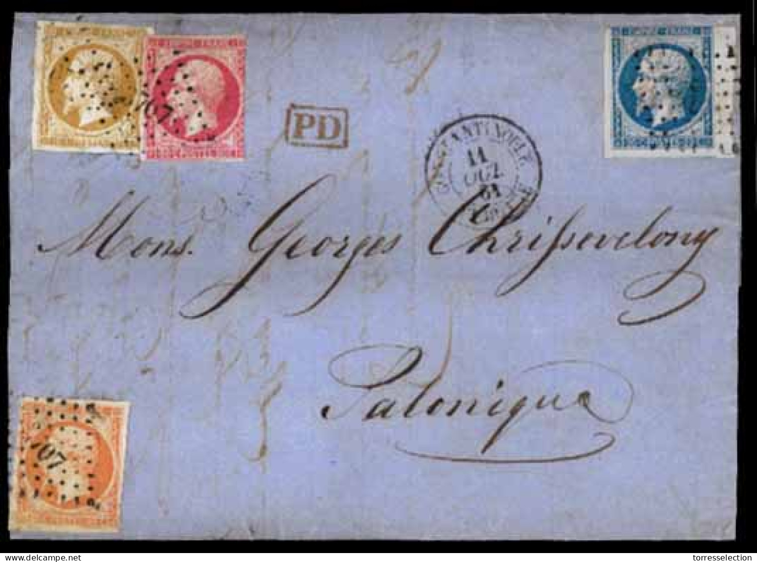 FRENCH LEVANT. 1861. (Sept. 29) Greece To Salonique. E.L. Franked France Empire Napoleon 10c, 20c, 40c And 80c., Tied Sm - Altri & Non Classificati