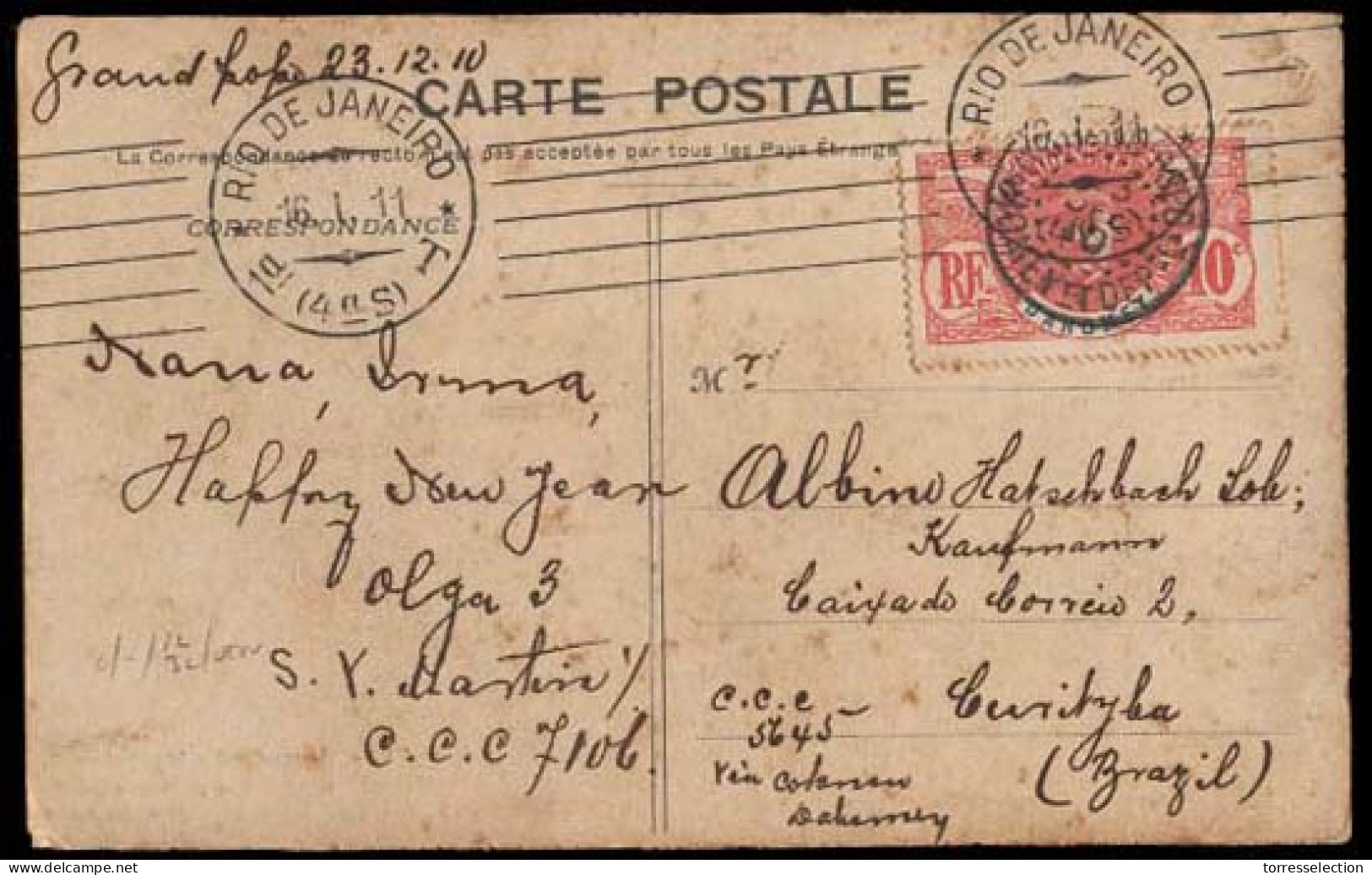 FRENCH COLONIES. 1910(23 Dec). FRENCH COLONIES-DAHOMEY. Grand Popo To Curityba/Brazil (16 Jan). PPC.Franked 10c.red/blue - Altri & Non Classificati