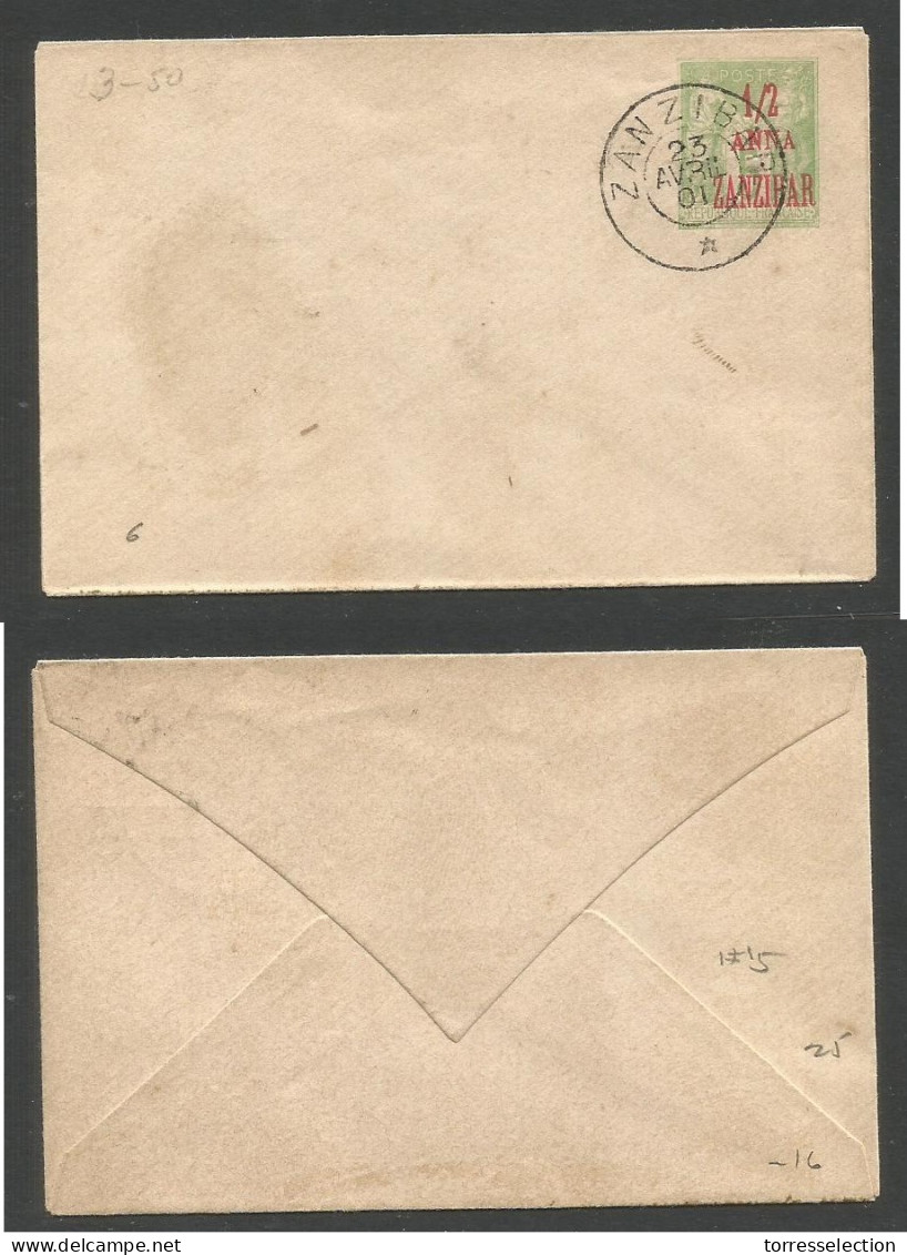 FRC - Zanzibar. 1901 (23 April) 1/2 Anna Red / 5c. Overprinted Stationary Small Envelope. Pre Cancelled. Scarce. - Otros & Sin Clasificación