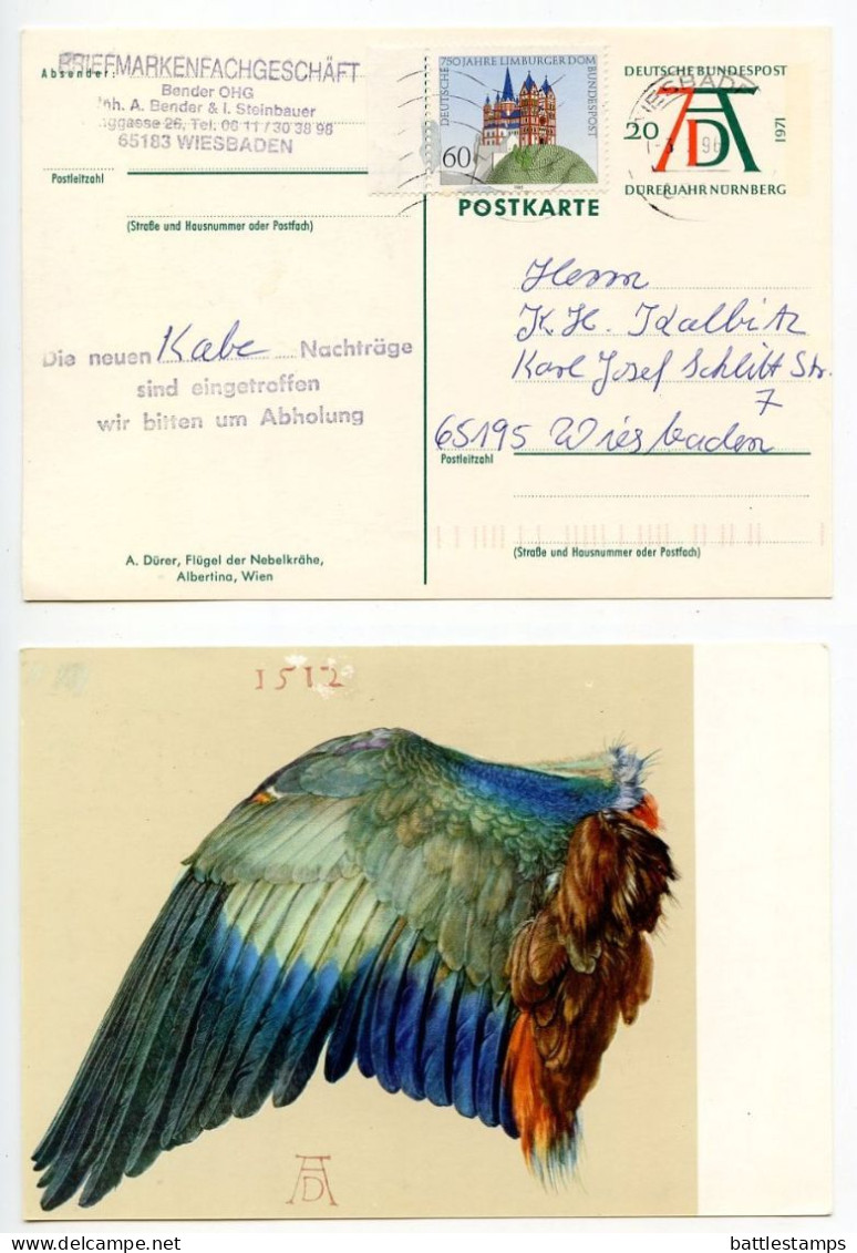 Germany 1996 Uprated 20pf. Albrecht Dürer Postal Card - Bird's Wing; Wiesbaden Cancel - Cartoline Illustrate - Usati