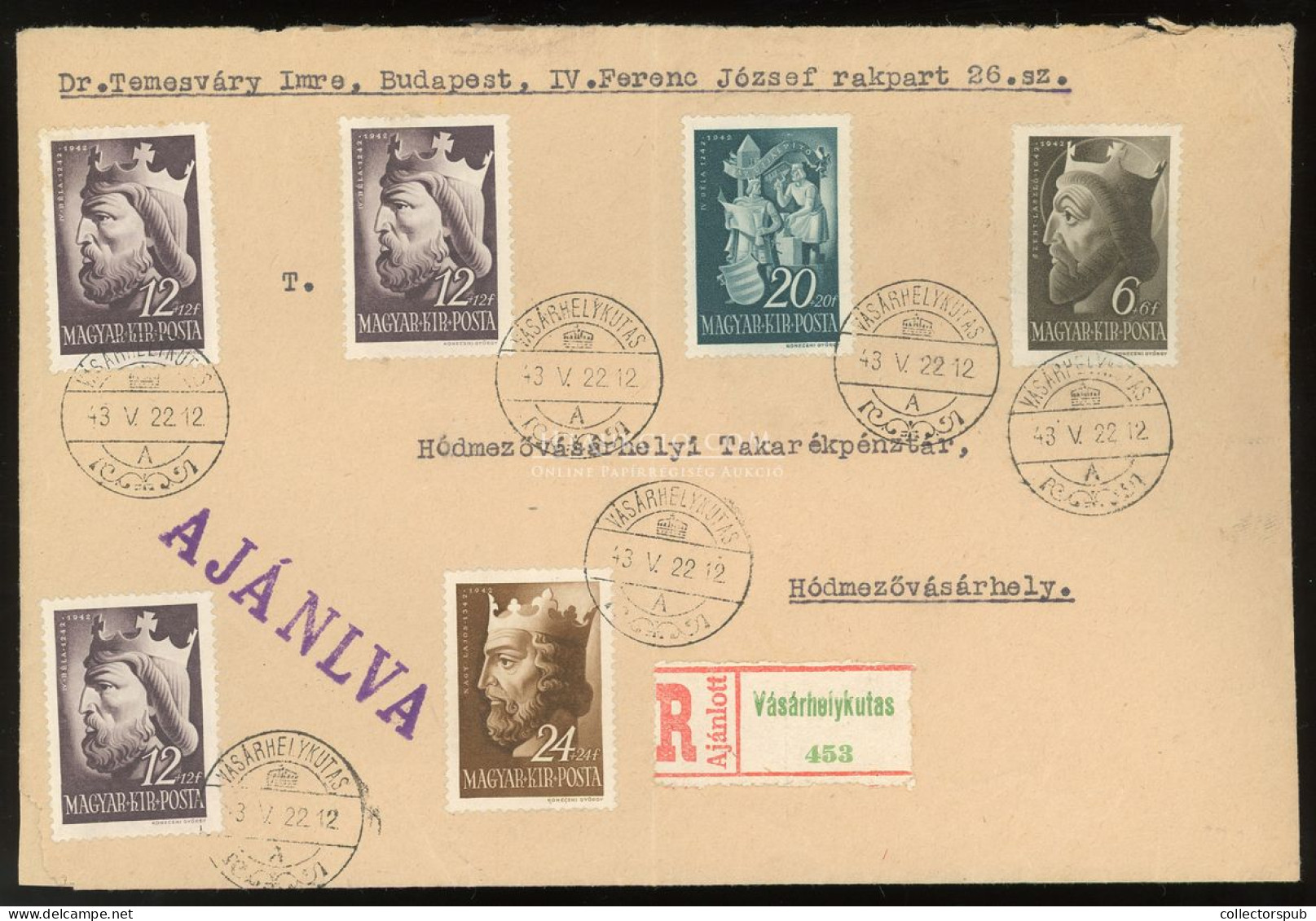 VÁSÁRHELYKUTAS 1943. Dekoratív Ajánlott Levél Hódmezővásárhelyre - Lettres & Documents