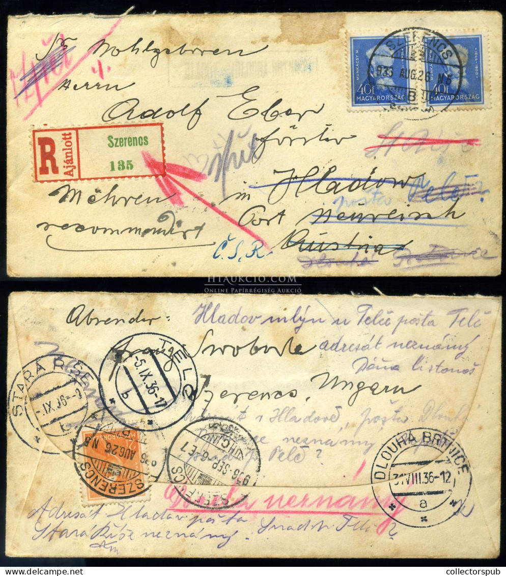 SZERENCS 1936. Érdekes Ajánlott Levél Csehszlovákiai Két Hetes Vándorlása.. - Cartas & Documentos