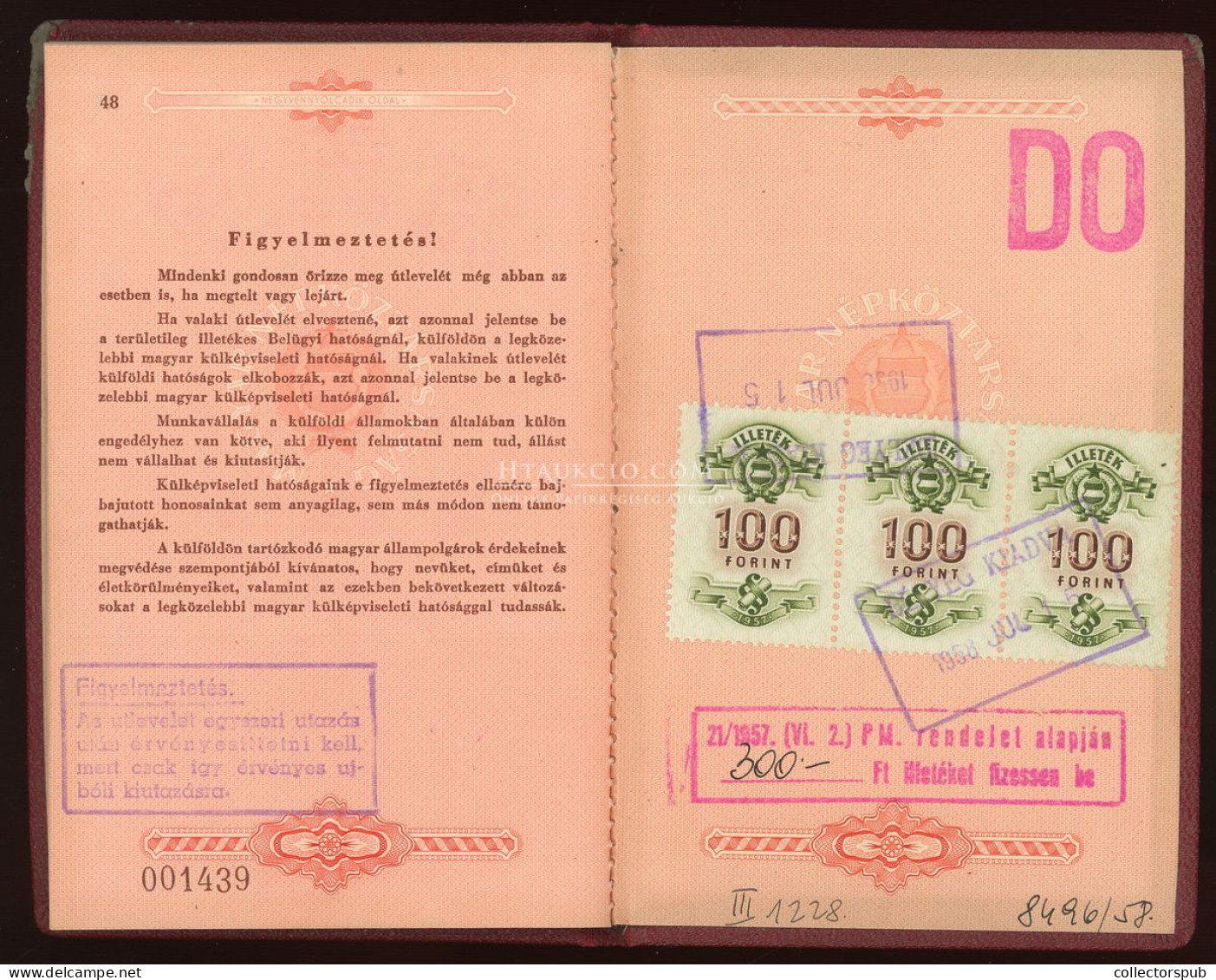 ÚTLEVÉL 1958. Magyar Népköztársaság PASSPORT