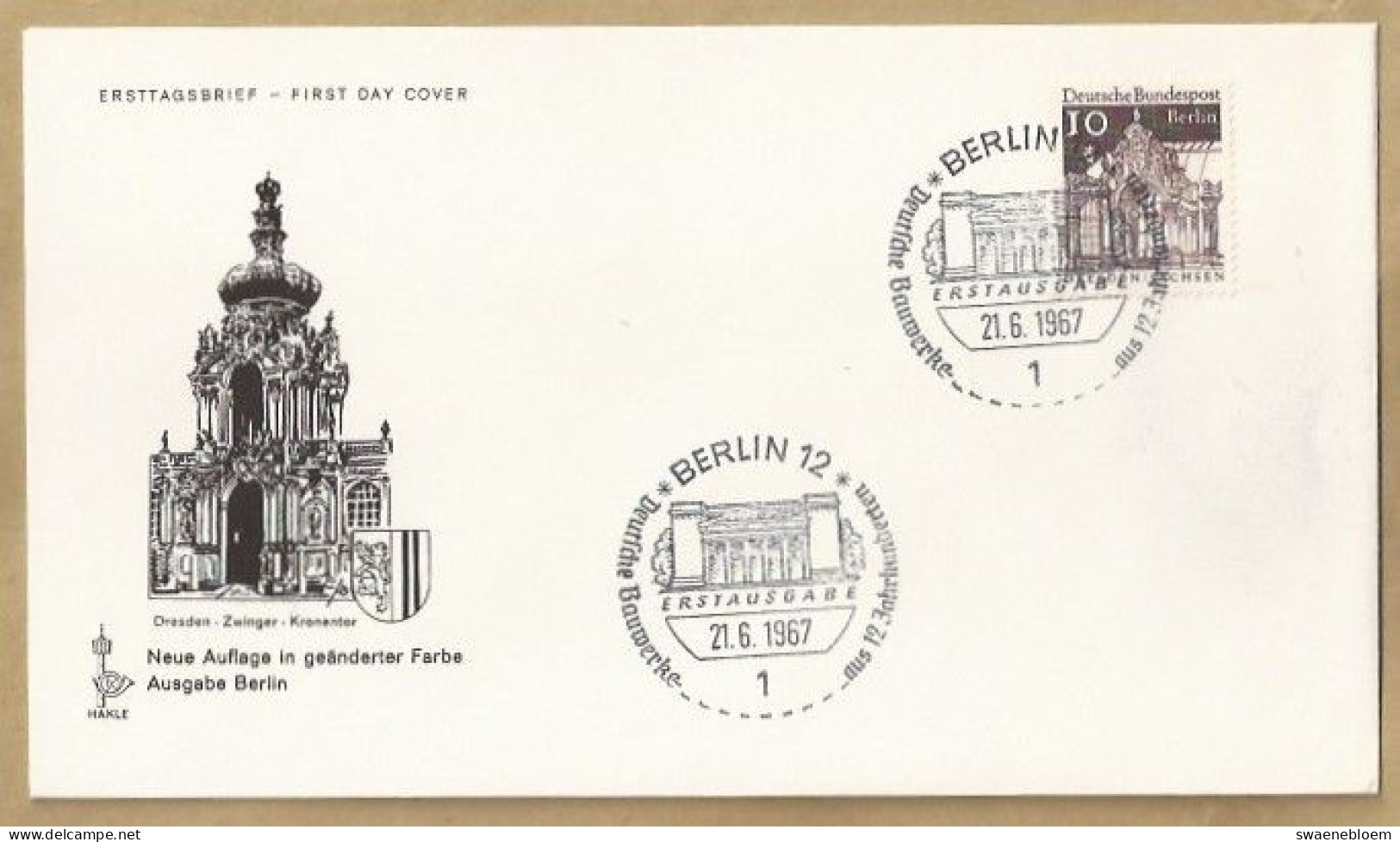 DE.- ERSTTAGSBRIEF. DRESDEN - ZWINGER - KRONENTOR. ERSTAUSGABE 21.6.1967. FDC. DEUTSCHE BAUWERKE AUS 12 JAHRHUNDERTEN. - 1948-1970