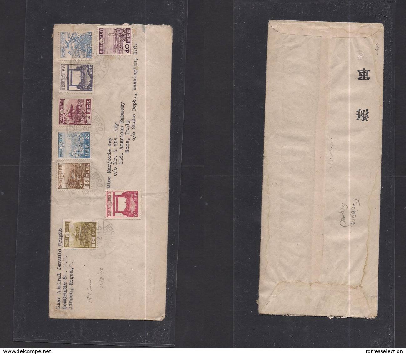 KOREA. 1945 (12 Aug) Nippon Late Postal Dates. US Liberation Army. Multifkd Env To Italy, Rome Via State Dept Washington - Korea (...-1945)