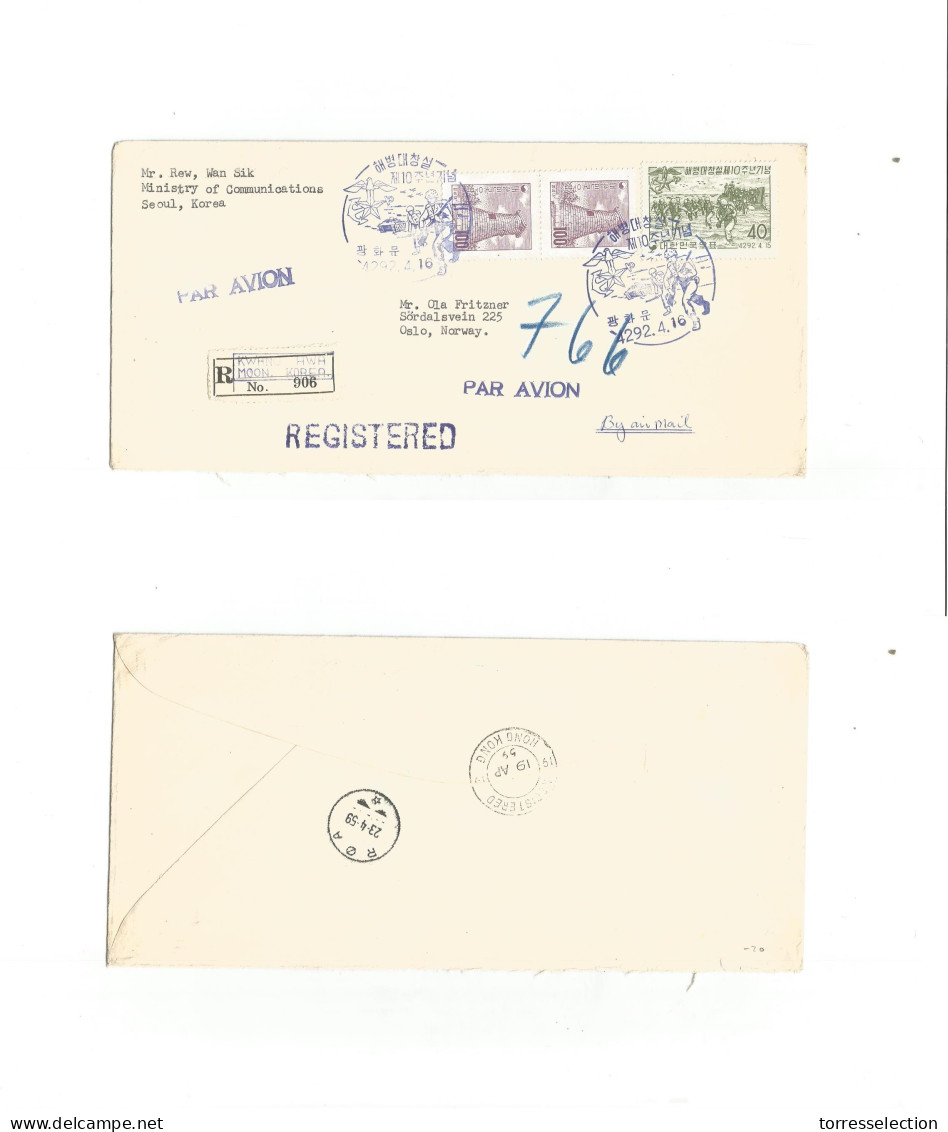 KOREA. 1959 (16 April) Seoul - Norway, Oslo (23 April) Via HK (19 Apr) - Roa (23 Apr) Registered Air Multifkd Special Co - Korea (...-1945)