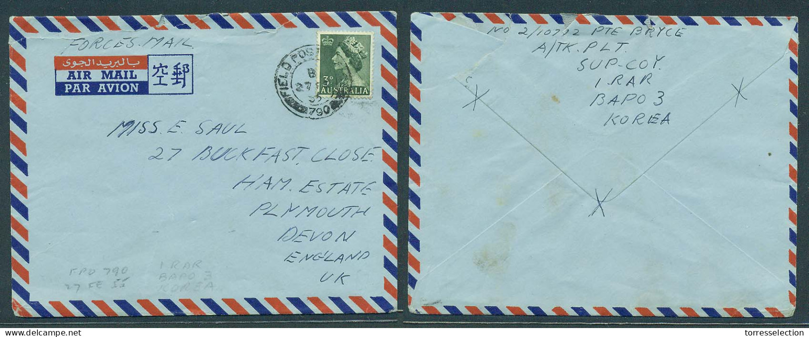 KOREA. 1955 (27 Feb). Australian Forces. Field PO 790 Air Fkd Env To UK / Devon. Irar / Bapo 3$ Addressed To Third Count - Korea (...-1945)