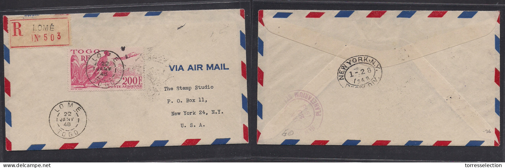 FRC - Togo. 1948 (22 Jan) Lome - USA, NYC (28 Jan) Air Registered Single 200 Fr Fkd Env. VF. Scarce Stamp On Cover. - Otros & Sin Clasificación