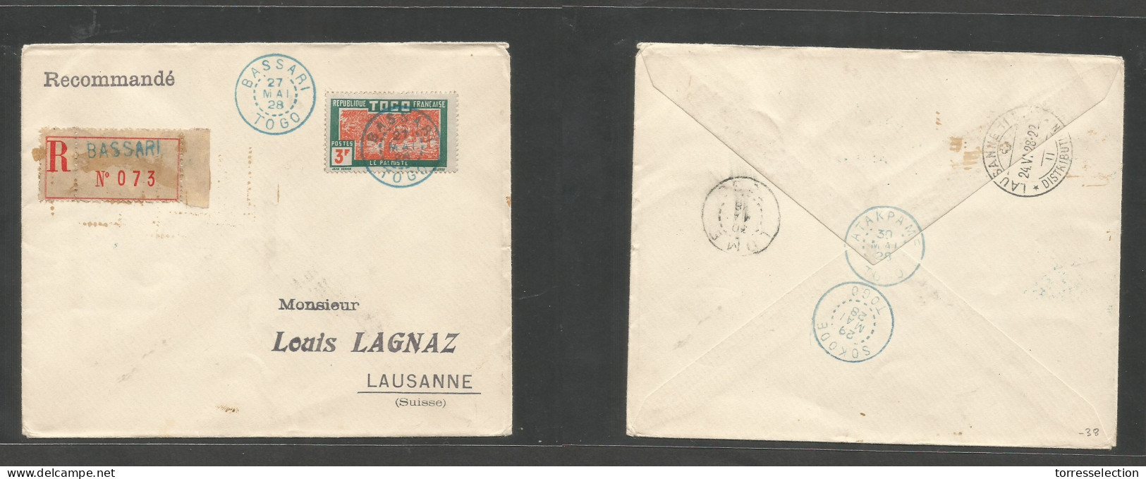 FRC - Togo. 1928 (27 May) Bassari - Switzerland, Lausanne (24 June) Via Sokode - Atakpame - Lore. Registered Single 3fr  - Other & Unclassified