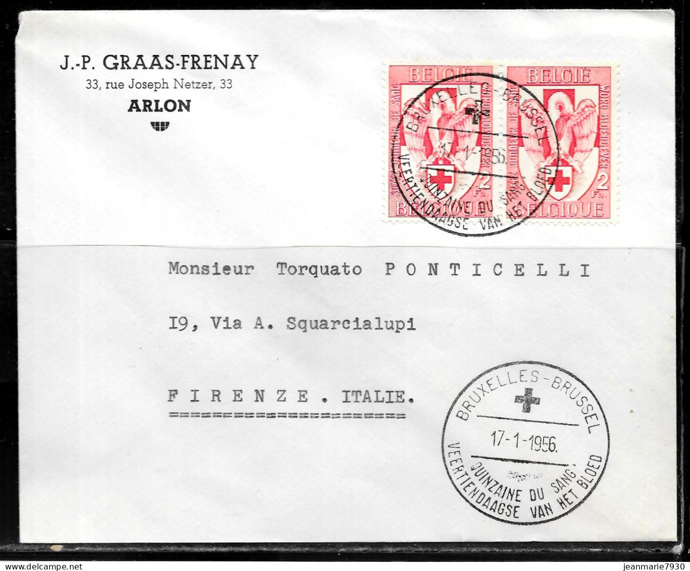 CC100 - BELGIQUE - LETTRE DE BRUXELLES DU 17/01/56 POUR L'ITALIE - Lettres & Documents