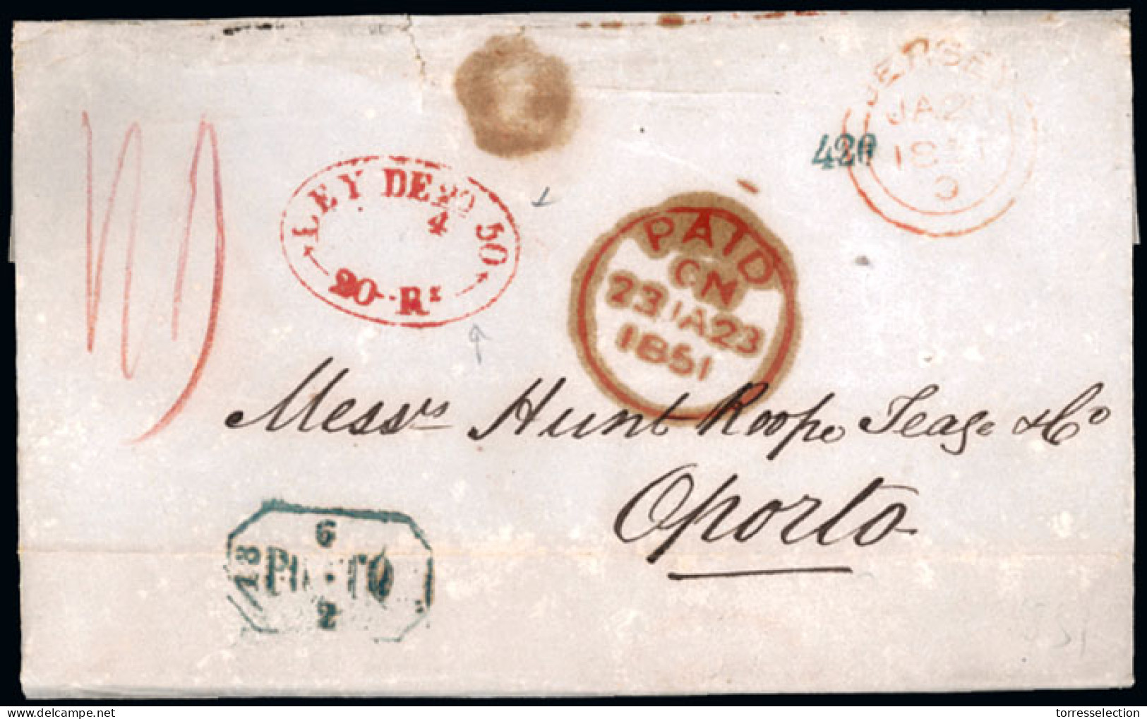 GREAT BRITAIN. 1851 (18 January). GREAT BRITIAN - CHANNEL ISLANDS. Jersey To Portugal. EL.with Small Letters Red Double  - ...-1840 Préphilatélie