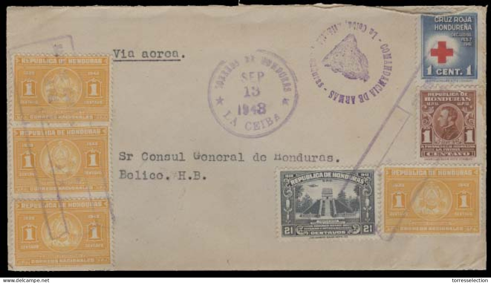 HONDURAS. 1943 (13 Sept). La Cuba - British Honduras / Belize (22 Sept). Military Air Multifkd Env. Special Depart Cache - Honduras