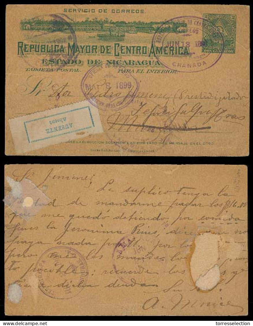 HONDURAS. 1899 (13 June). Nicaragua - Honduras. Granada - Managua / Fwded To Tegucigalpa. 2c Green Stat Card + Returned. - Honduras