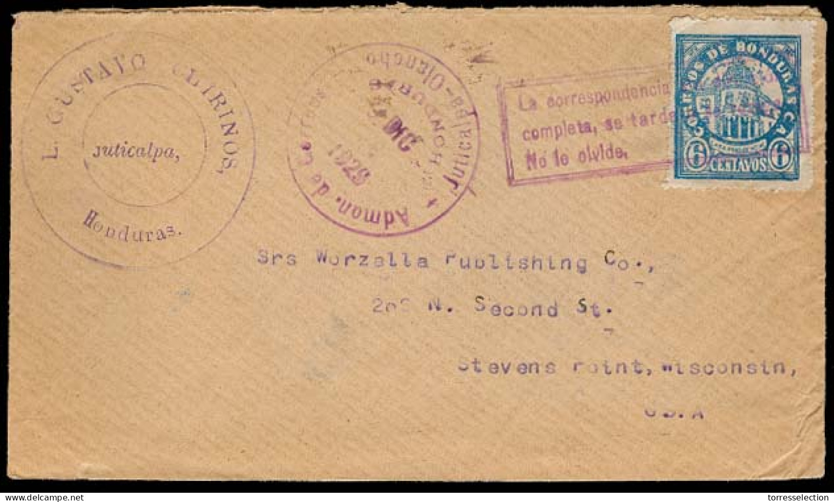 HONDURAS. 1929. Juticalpa - USA. Fkd Env + Slogan Cancel. VF. - Honduras