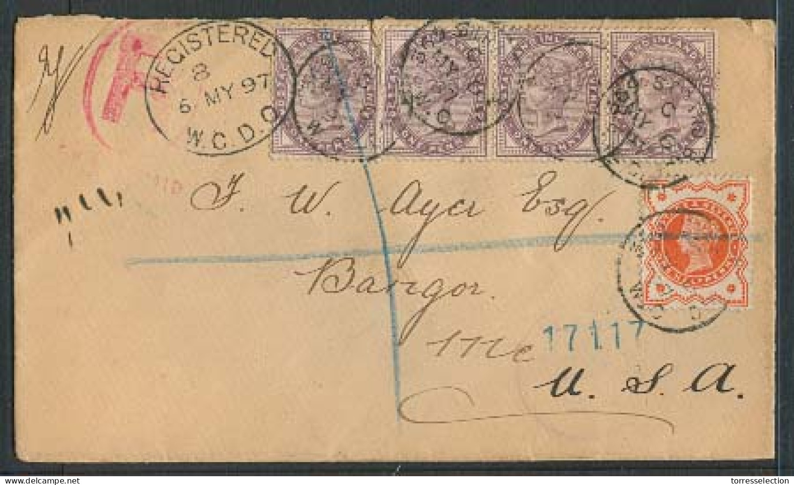 GREAT BRITAIN. 1897 (May). 69 Strand - USA. Reg Mutlifkd Env. - ...-1840 Precursori