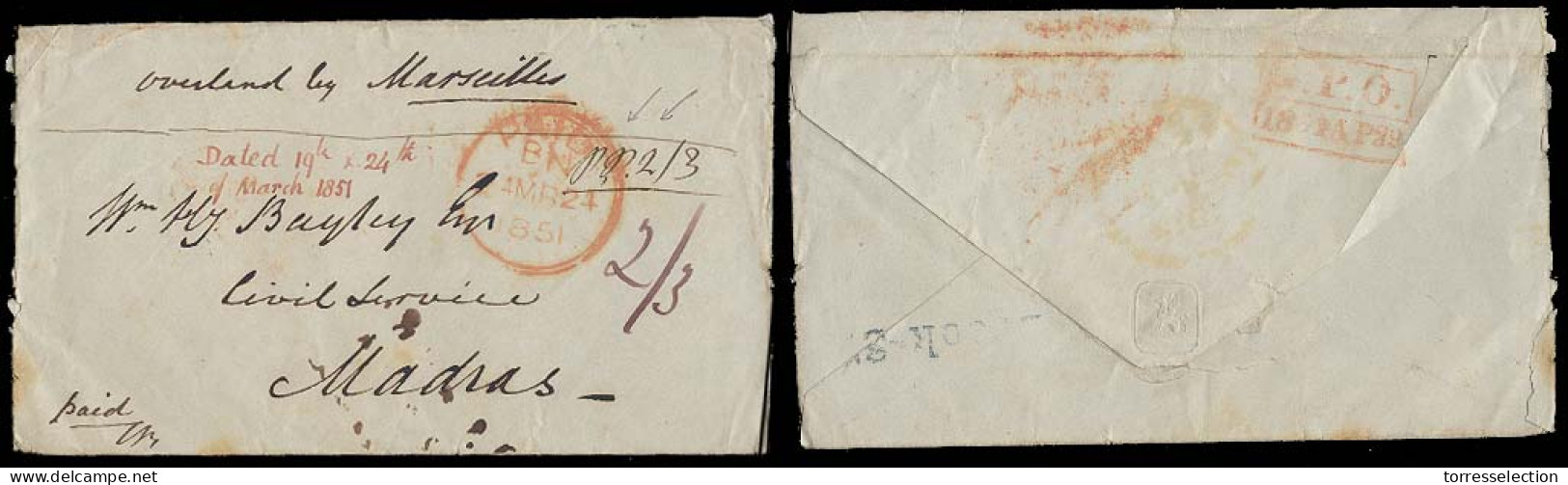 GREAT BRITAIN. 1851 (24 March) (19 March). London / Brook St Blue Stline Reverse - India / Madras. Stampless Env Via Ove - ...-1840 Voorlopers