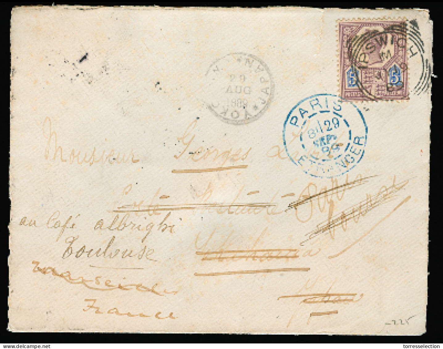 GREAT BRITAIN. 1889. Ipswich - JAPAN - France. Env 5d Cds, Fwded With Transits Cachets On Front. Very Appealing Doble Ra - ...-1840 Vorläufer