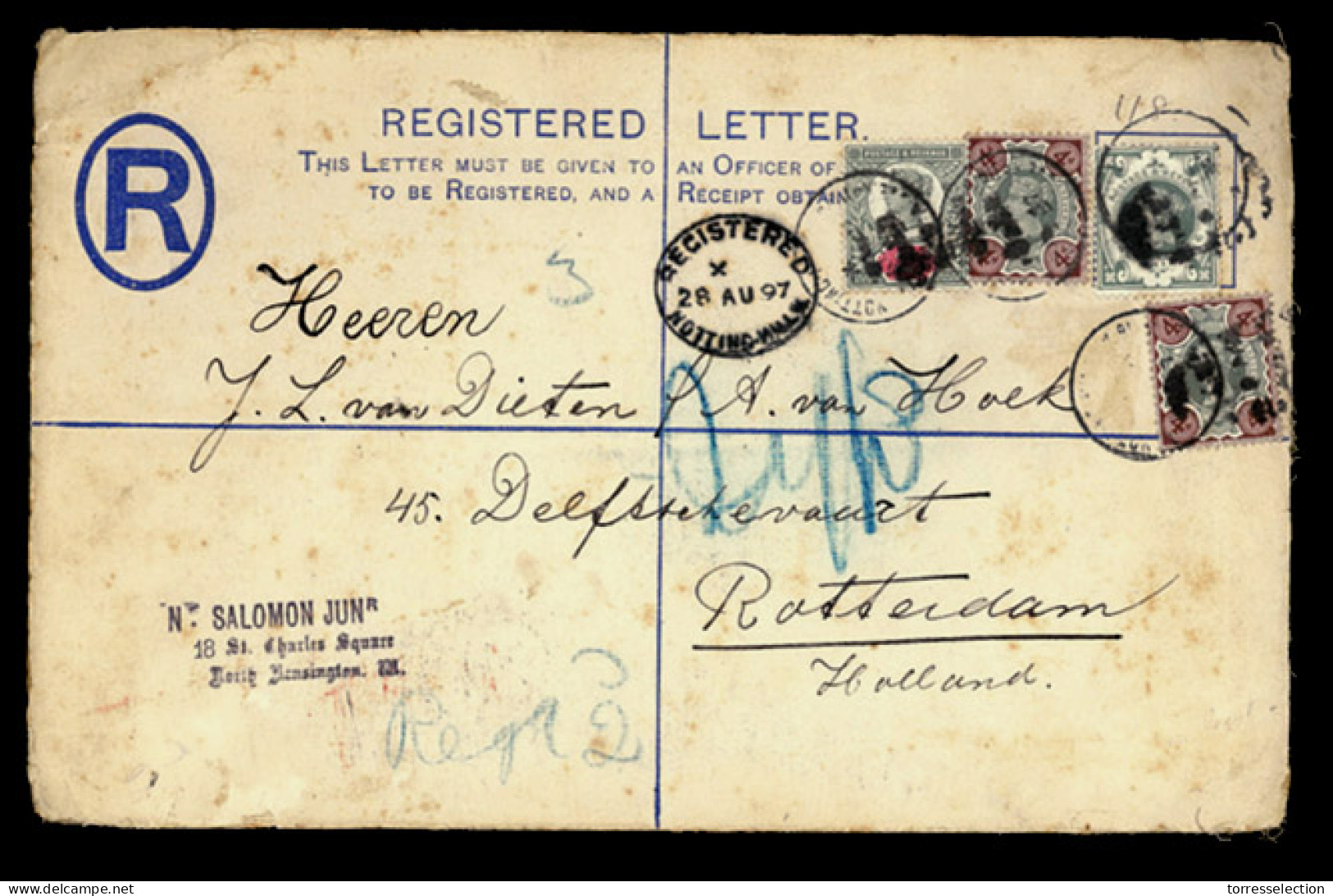 GREAT BRITAIN. 1897 (Aug 28). GREAT BRITAIN-MALTA. 2d Blue Registered Postal Stationery Malta Envelope (size H) Up-rated - ...-1840 Vorläufer