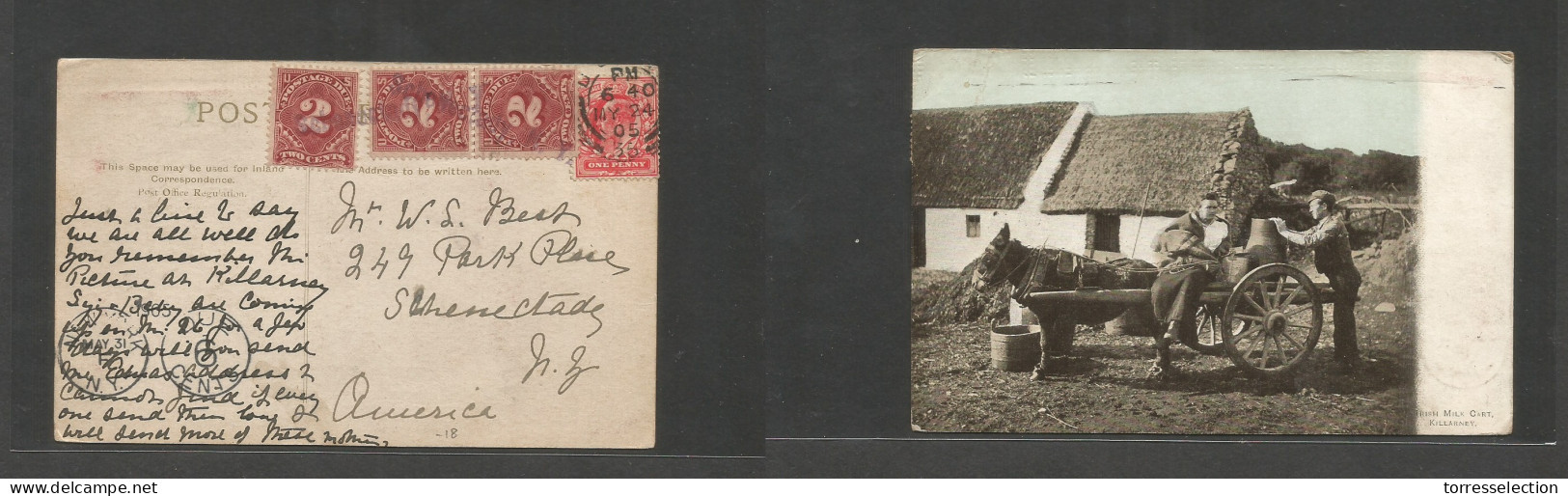 Great Britain - XX. 1905 (24 May) Killarney - USA, NY, Schenectady. Single 1d Red Fkd Photo Ppc, Arrival US P. Dues 2c ( - ...-1840 Voorlopers