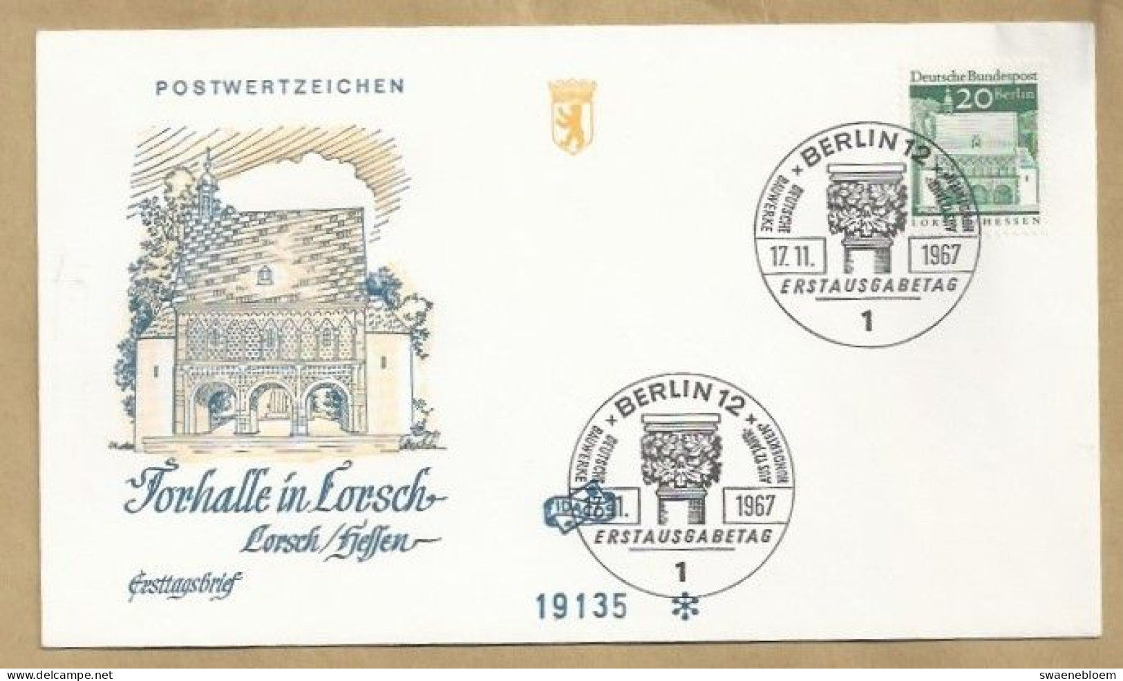 DE.- ERSTTAGSBRIEF. TORHALLE IN LORSCH. ERSTAUSGABETAG 17.11.1967. FDC. DEUTSCHE BAUWERKE AUS 12 JAHRHUNDERTEN. - 1948-1970