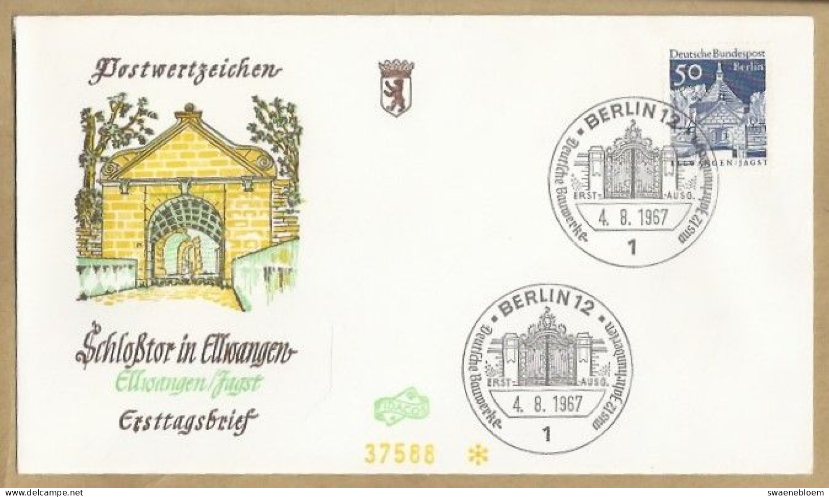 DE.- ERSTTAGSBRIEF. SCHLOSSTOR IN ELLWANGEN. ERSTAUSGABETAG 4.8.1967. FDC. DEUTSCHE BAUWERKE AUS 12 JAHRHUNDERTEN. - 1948-1970