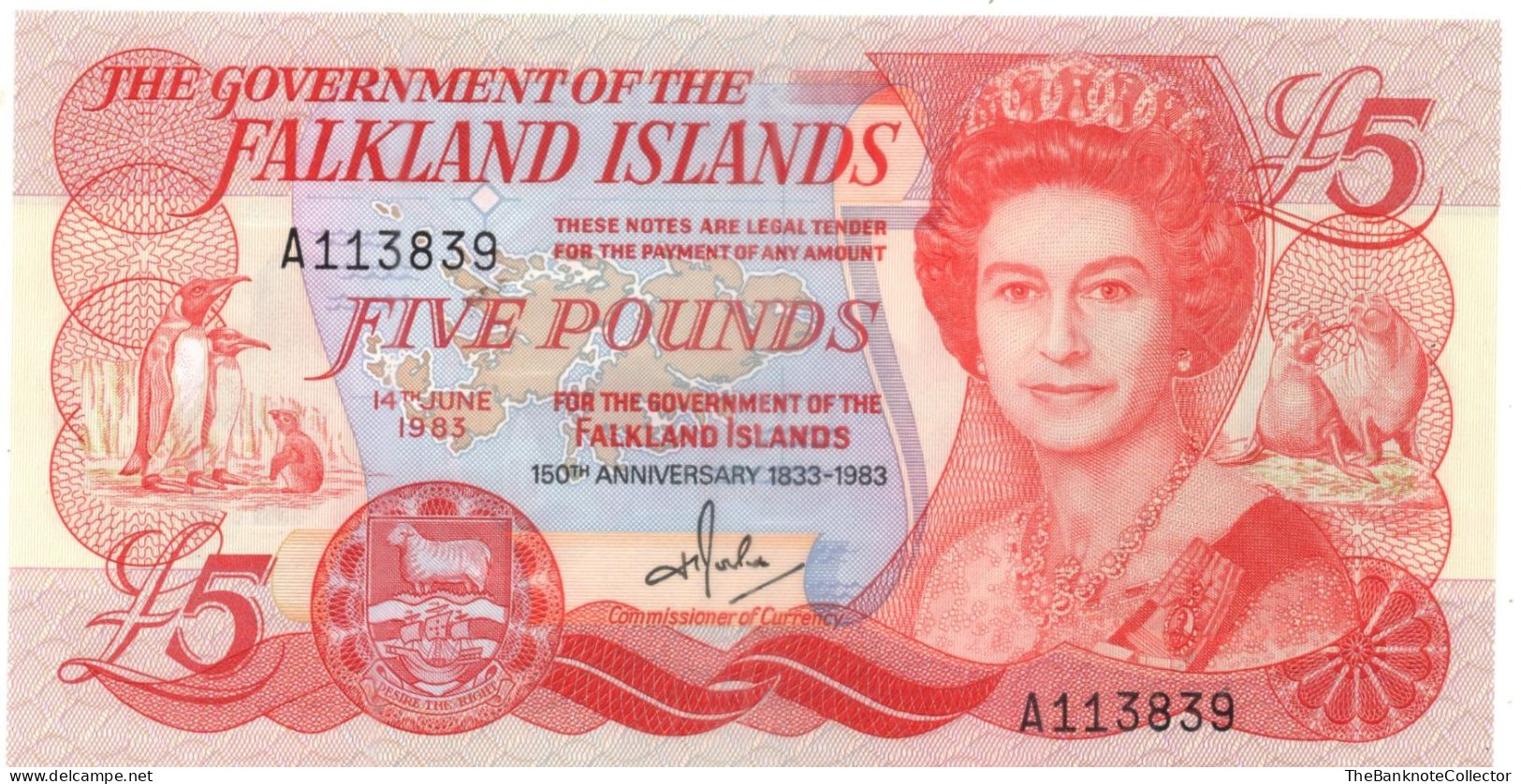 Falkland Islands 5 Pounds 1983 QEII  150th Anniversary Commemorative P-12 UNC - Falkland