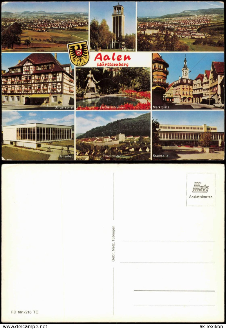 Aalen Mehrbild-AK  Fischerinbrunnen Marktplatz Hallenbad Burgerspital 1970 - Aalen