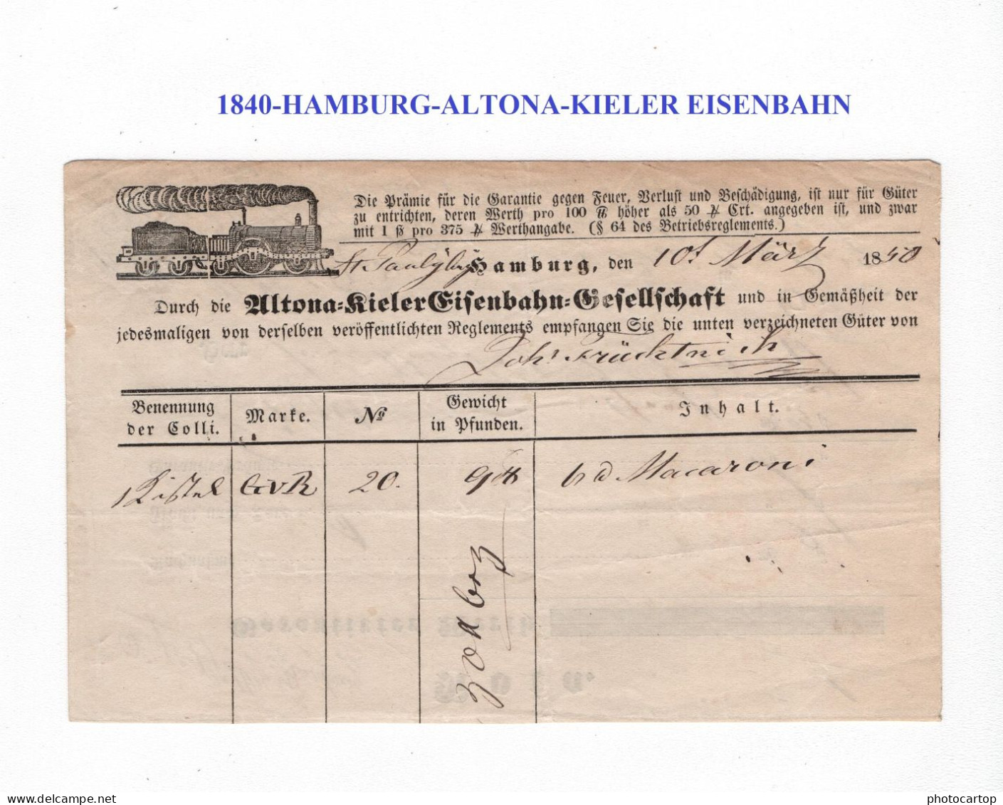 1840-HAMBURG-ALTONA-KIELER EISENBAHN Gesellschaft-Lieferschein-Macaroni - 1800 – 1899