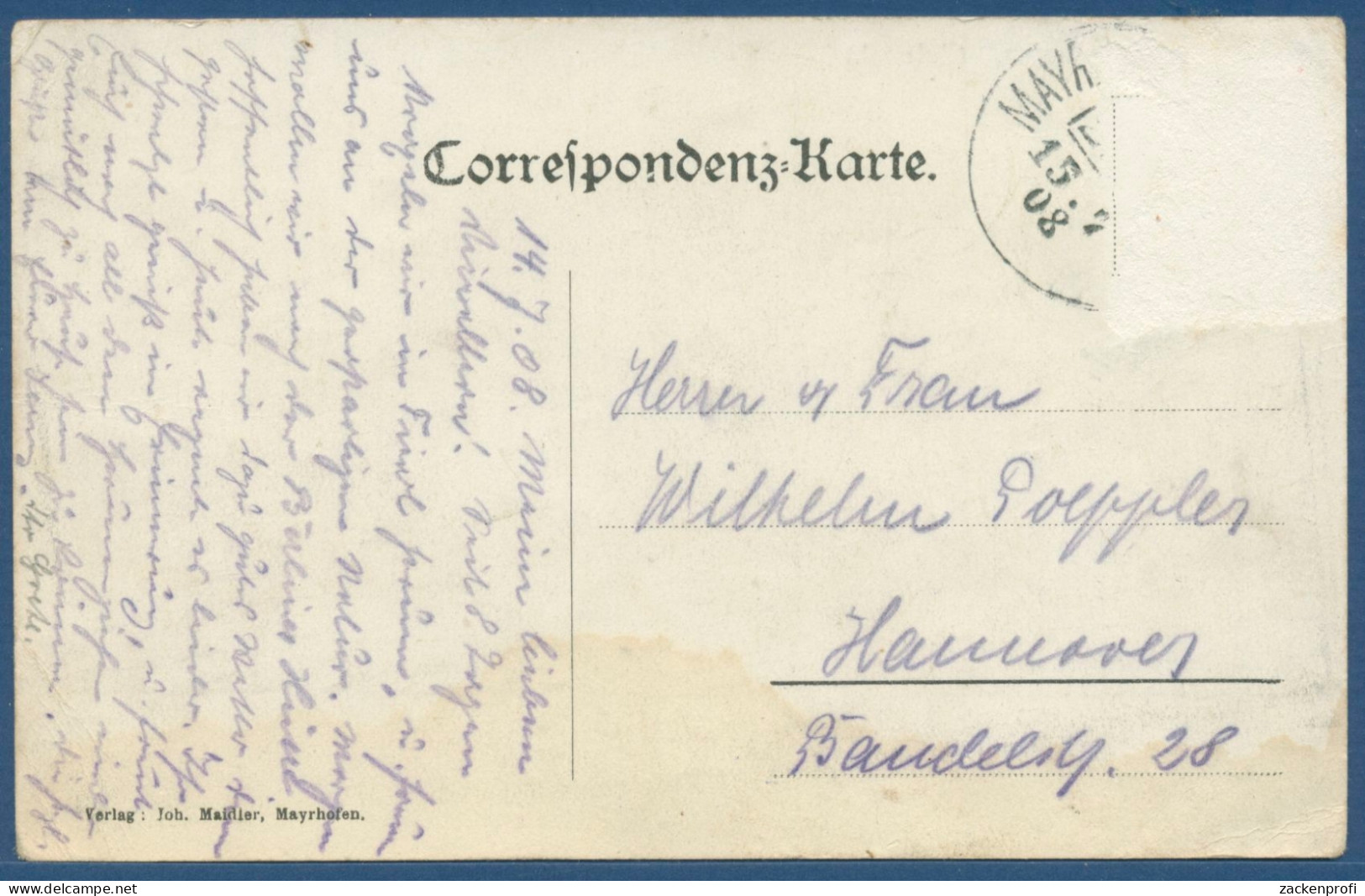 Mayrhofen Zillertal, Gelaufen 1908 Marke Fehlt (AK2604) - Zillertal