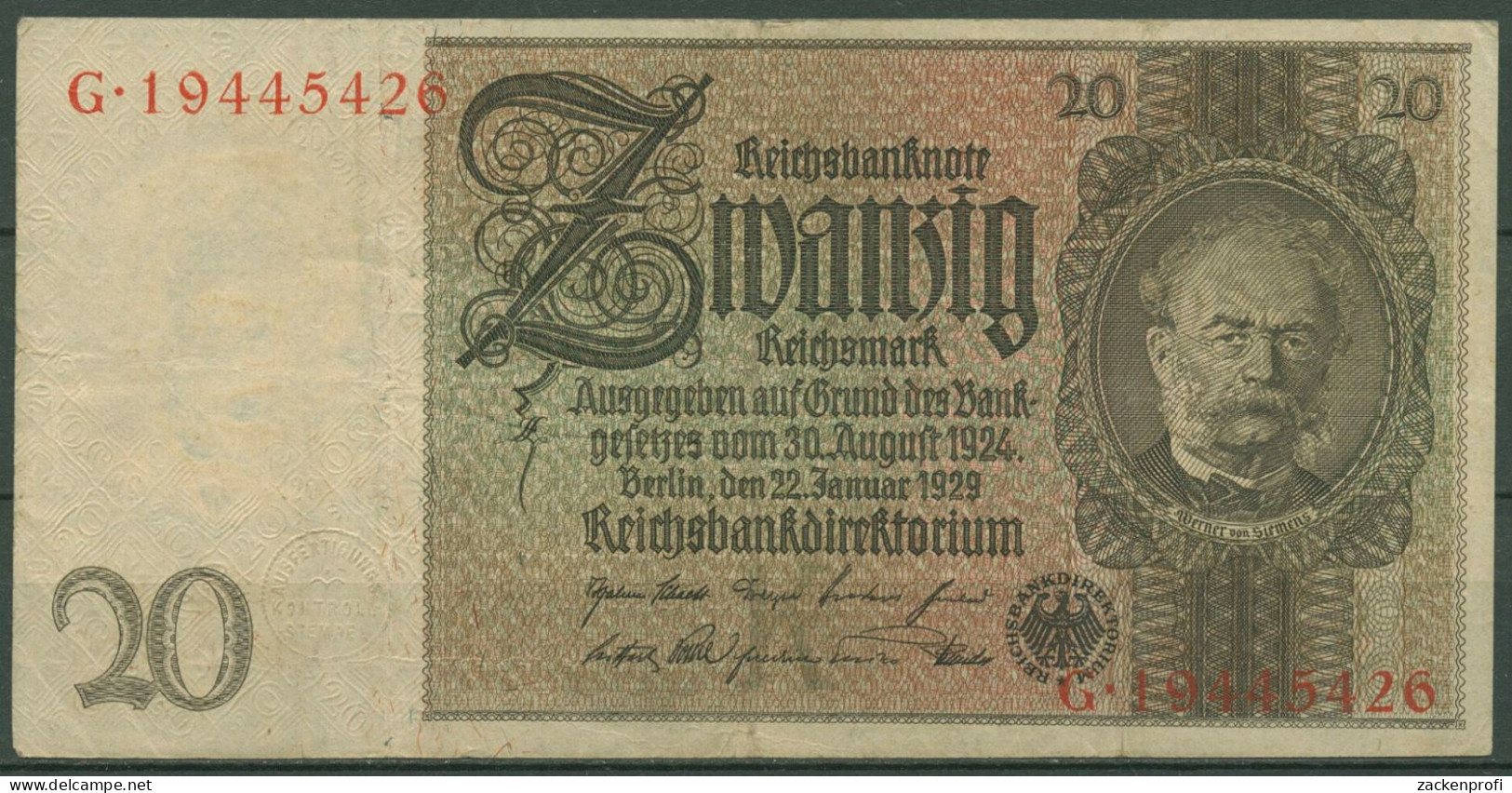 Dt. Reich 20 Reichsmark 1929, DEU-184a Serie K/G, Gebraucht (K1511) - 20 Mark