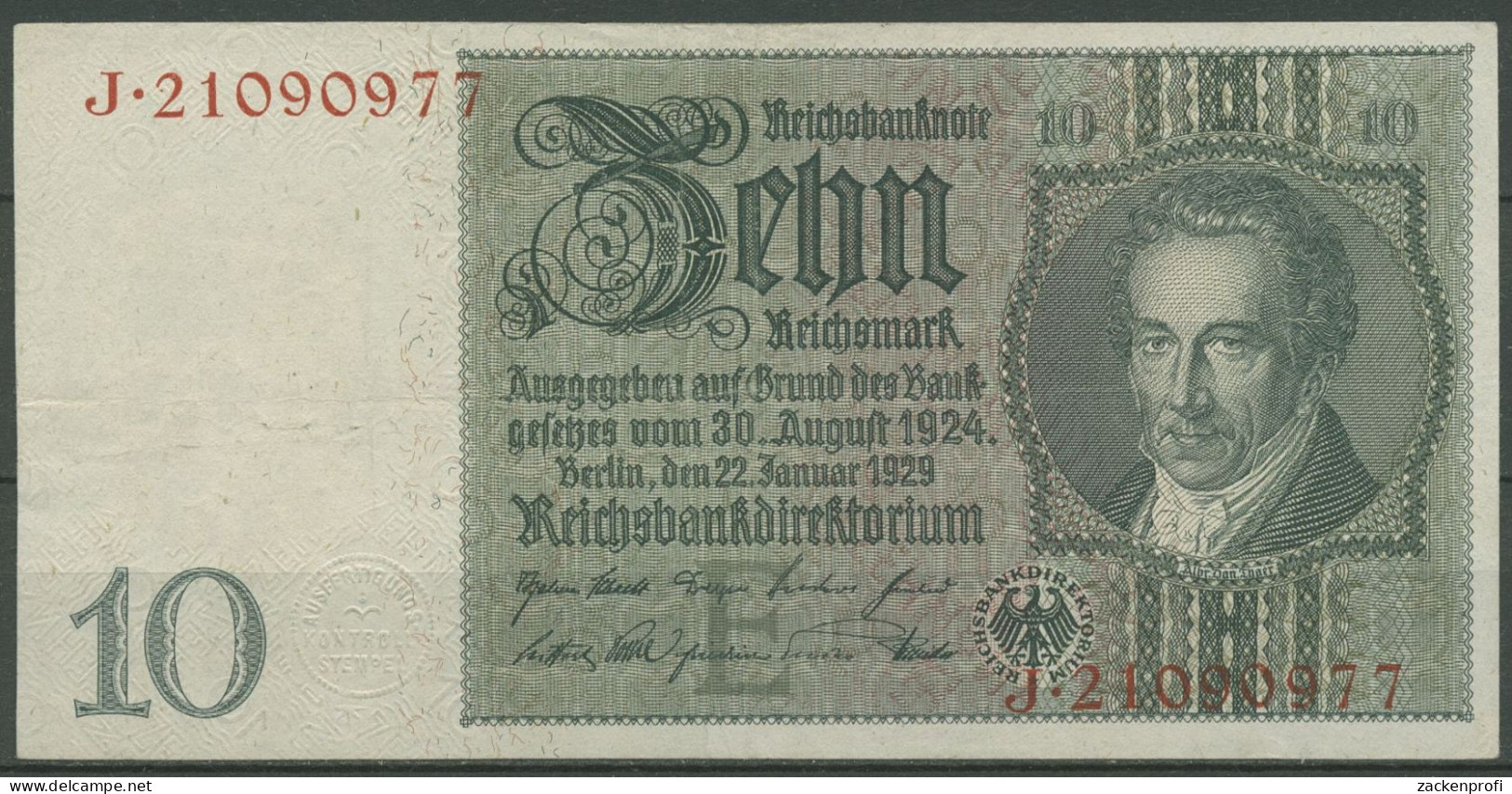 Dt. Reich 10 Reichsmark 1929, DEU-183b Serie E/J, Leicht Gebraucht (K1498) - 10 Mark