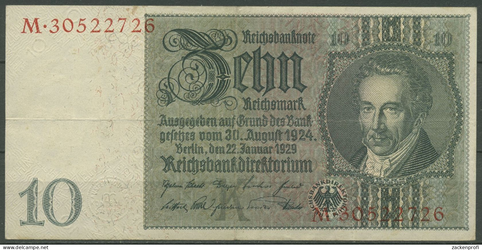 Dt. Reich 10 Reichsmark 1929, DEU-183b Serie K/M, Gebraucht (K1494) - 10 Mark