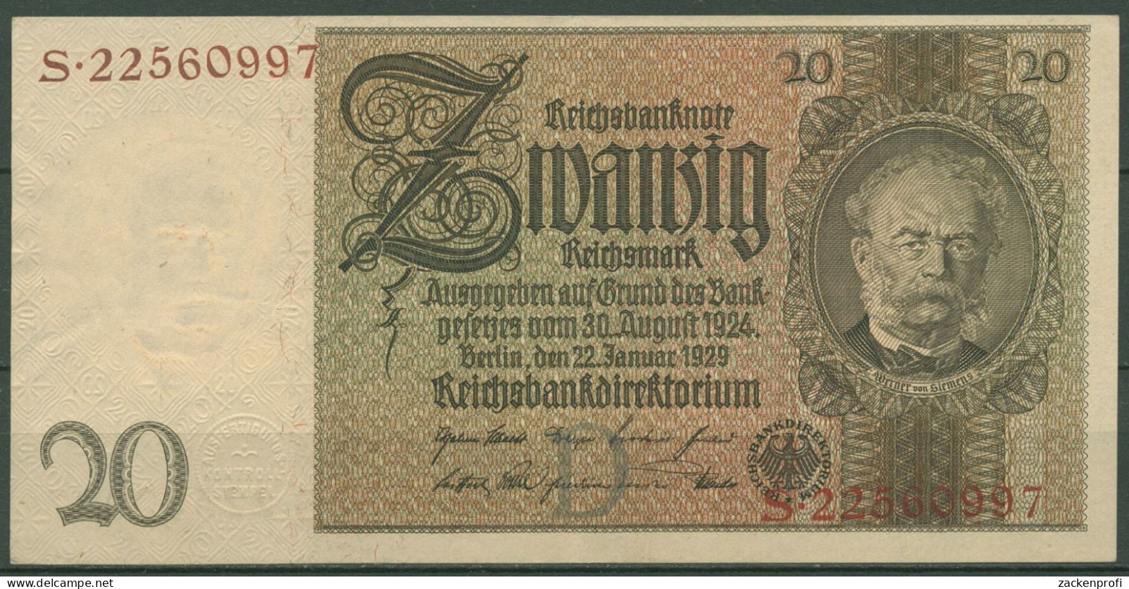 Dt. Reich 20 Reichsmark 1929, DEU-184a Serie D/S, Leicht Gebraucht (K1506) - 20 Mark