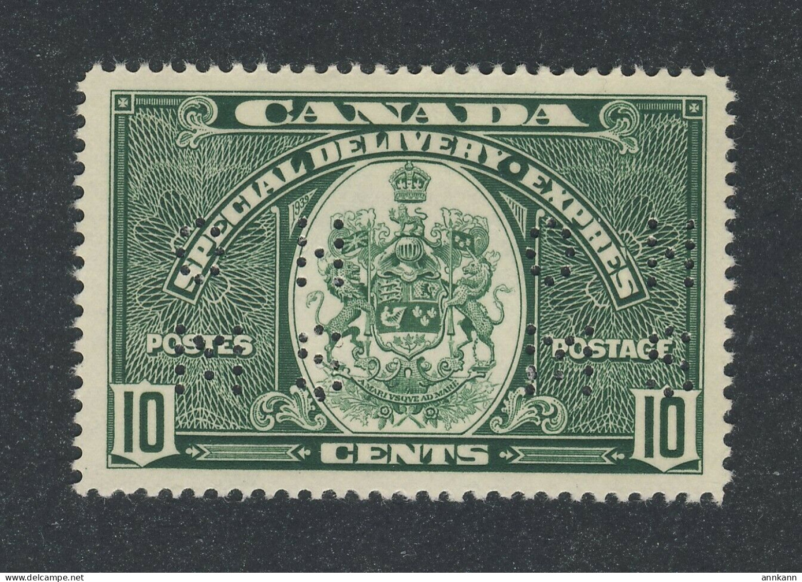 Canada Special Delivery Perf-In Stamp #OE7 - 10c Green MH VF GV= $30.00 - Perfins