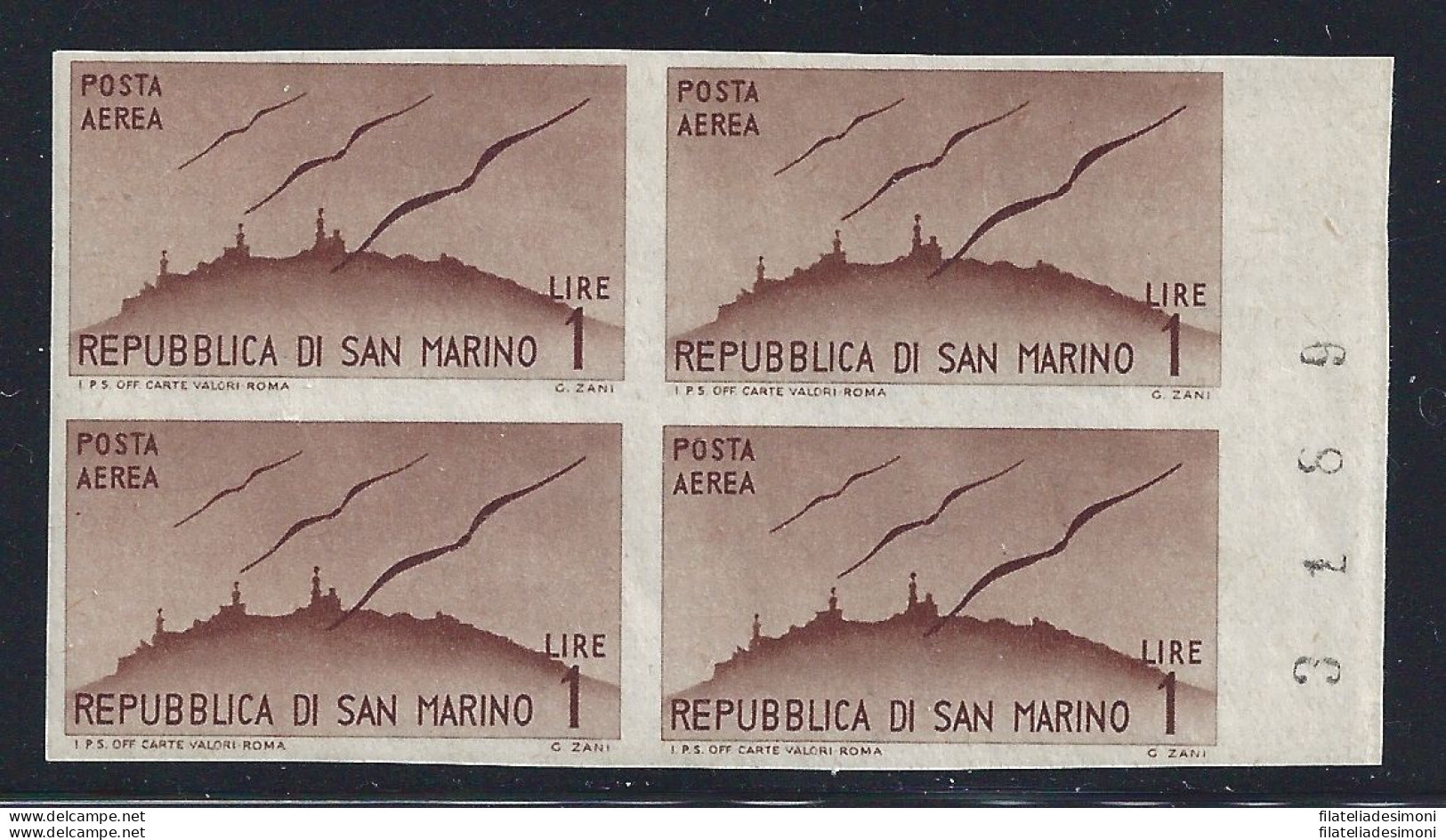 1946 SAN MARINO, Posta Aerea N° 52b 1 Lira Bruno Chiaro MNH/**  ND  QUARTINA - Abarten Und Kuriositäten