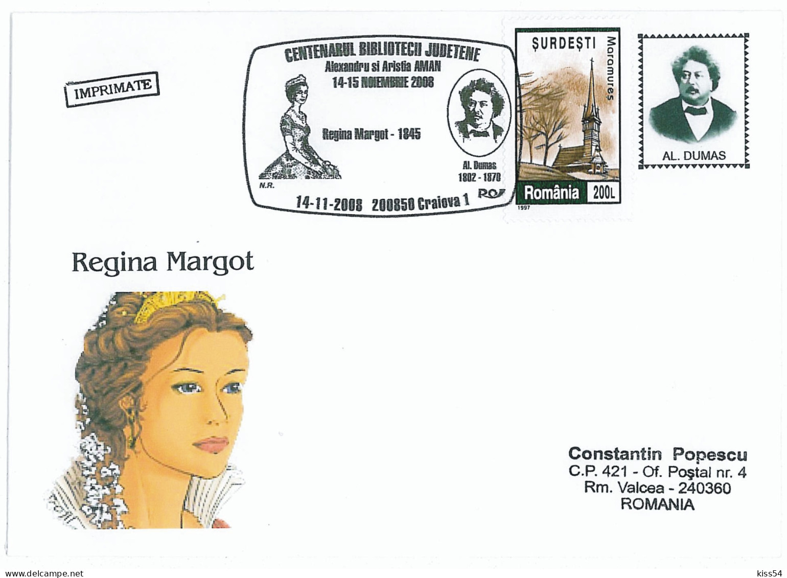 COV 22 - 357 ALEXANDRE DUMAS - QUEEN MARGOT, Romania - Cover - Used - 2008 - Cartes-maximum (CM)