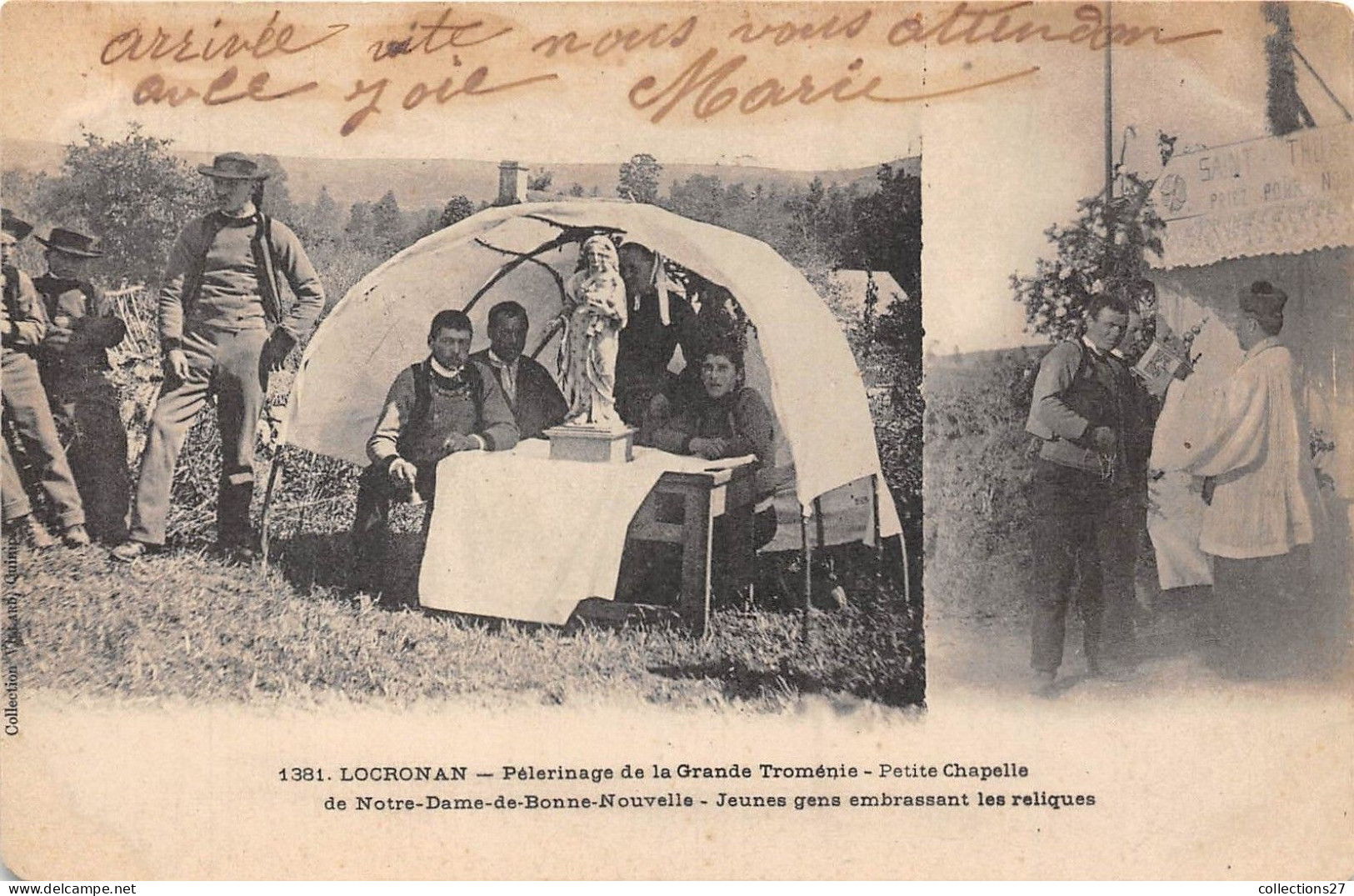 29-LOCRONAN- PELERINAGE DE LA GRANDE TROMENIE - PETITE CHAPELLE DE N-D-DE-BONNE-NOUVELLE , JEUNES GENS EMBRASSANT LES RE - Locronan