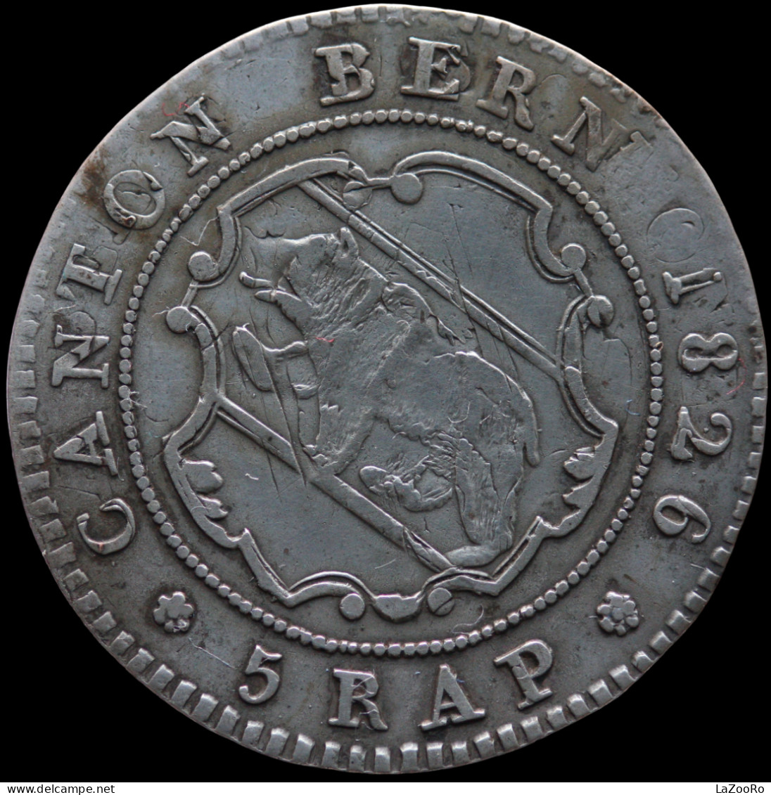 LaZooRo: Switzerland BERN 5 Rappen 1826 XF Struck On Older Type - Silver - Berne