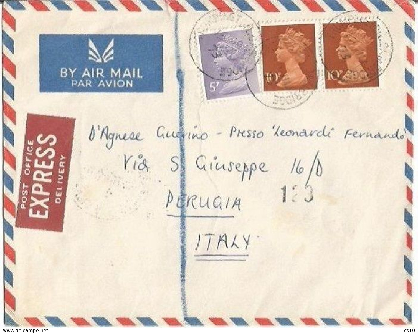 UK Express Airmail CV Trumpington 12jun1973 To Italy With Machin P.5 + P10 Pair - Cartas & Documentos