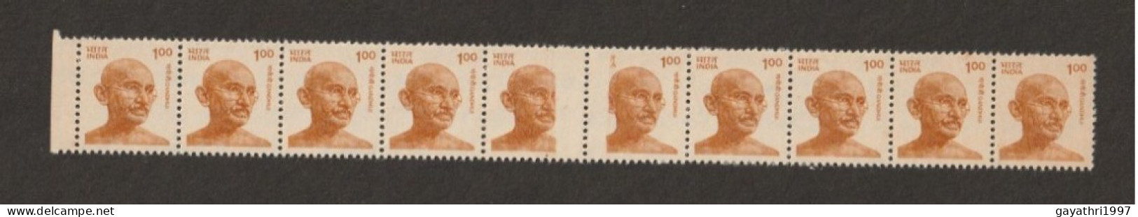 India; 1981. Gandhi. ERROR Definitive STAMPS STRIP OF 10. Partly Misprint 5th & 6th Stamp Mint Good Condition - Plaatfouten En Curiosa