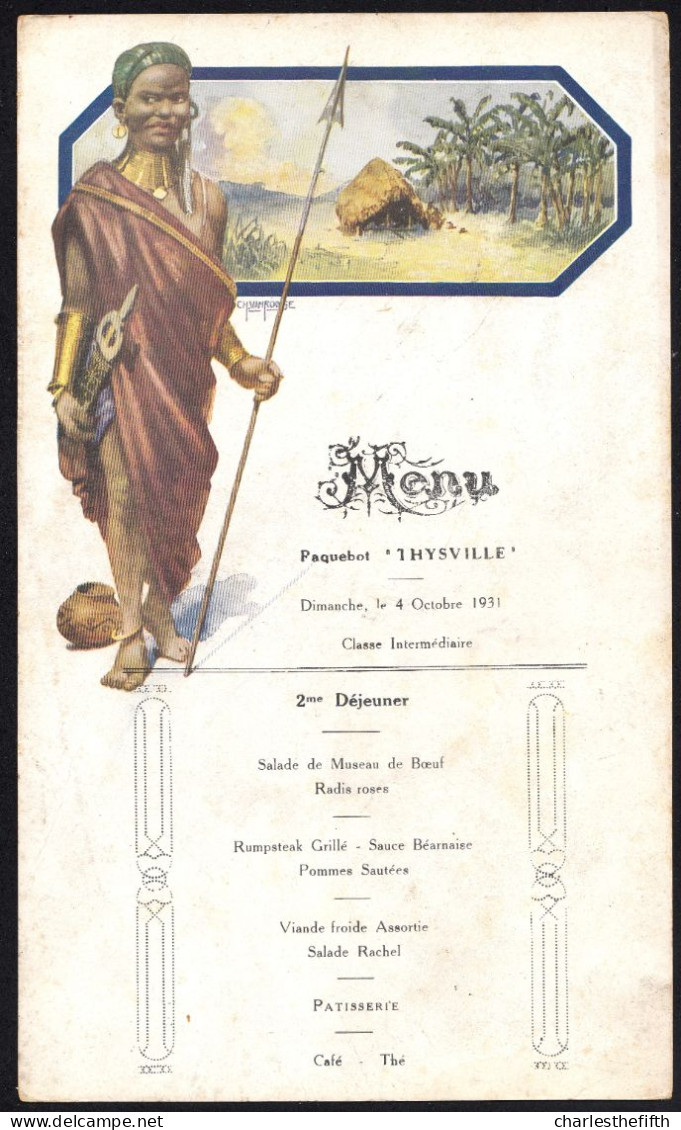 MENU PAQUEBOT " THYSVILLE " Du 4 Octobre 1931 - RARE ! Litho CH. VANROOSE - Menus