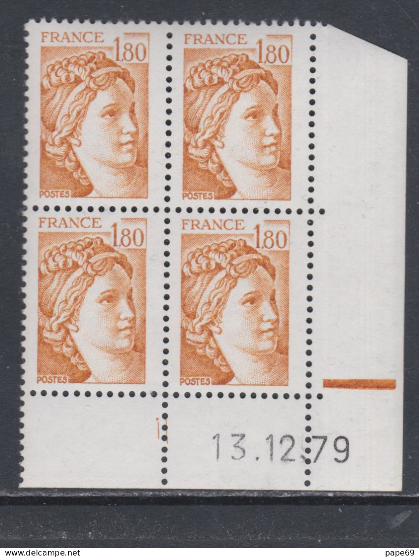 France N°2061  Type Sabine : 1 F. 80  Ocre Orang En Bloc De 4 Coin Daté  Du  13 . 1 . 79 ; 1 Barre, Sans Charnière TB - 1970-1979