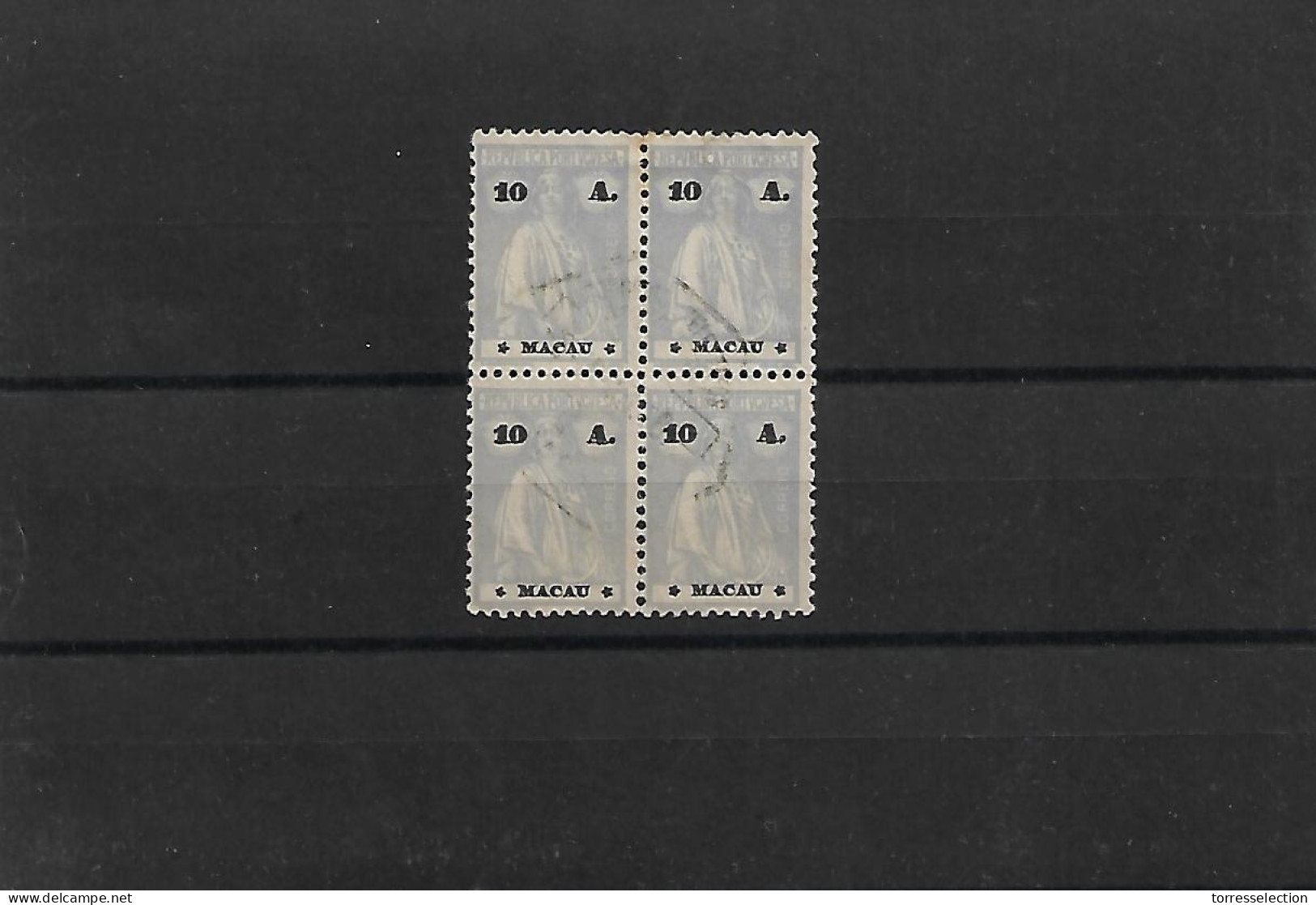 MACAU. 1922. Choi 256º 10a Pale Blue, Used Block Of Four, Central Cancel. Low Stars III-IV, But Low Left Star Stamp 3 Po - Autres & Non Classés