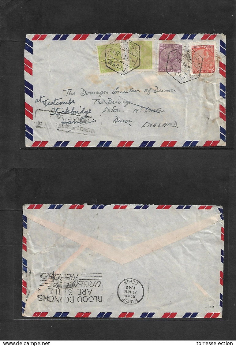 MACAU. 1948 (13 Apr) GPO - UK, Devon, Exton (24 Apr) Air Multifkd Envelope, With Special Better Air Cachet "PAR AVION /  - Sonstige & Ohne Zuordnung