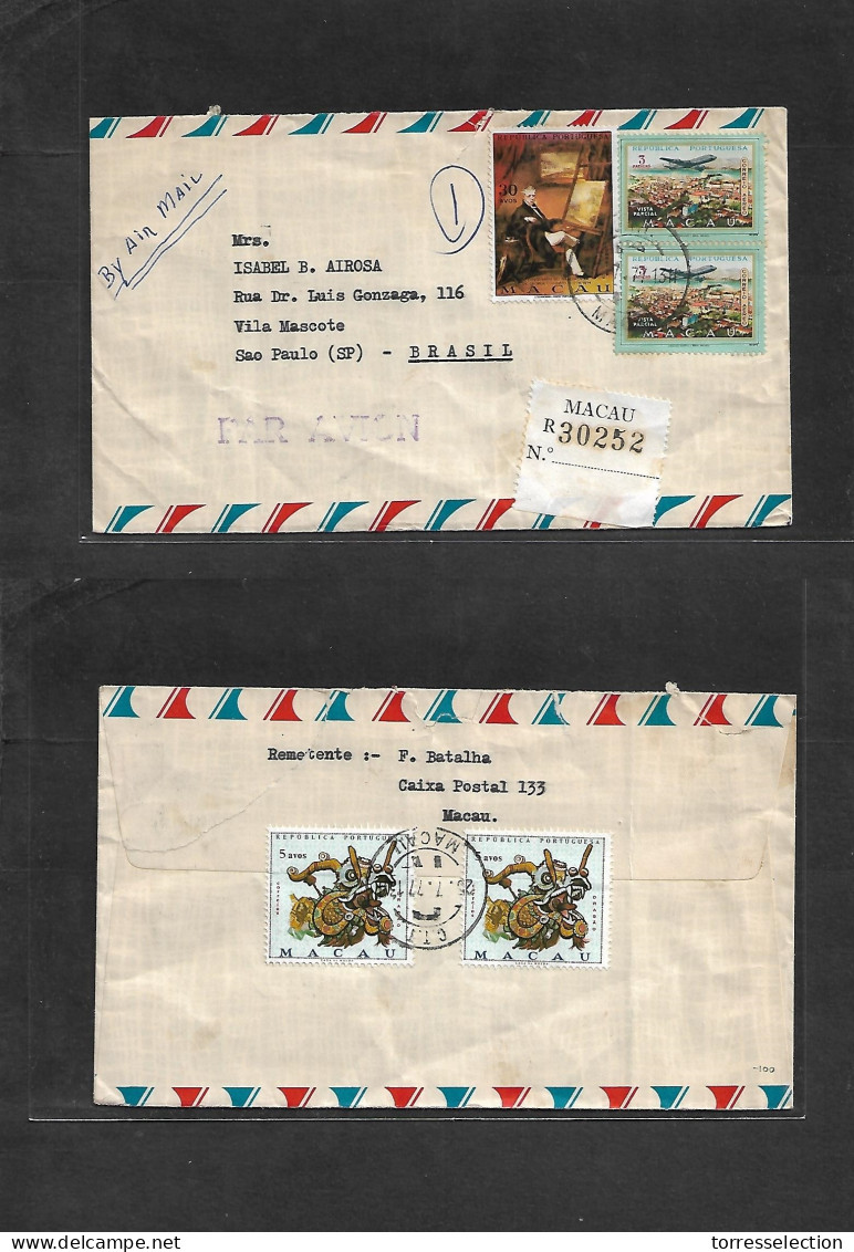 MACAU. 1977 (1 July) GPO - Brazil, S. Paulo. Registered Air Multifkd Front + Reverse Envelope. VF. - Autres & Non Classés