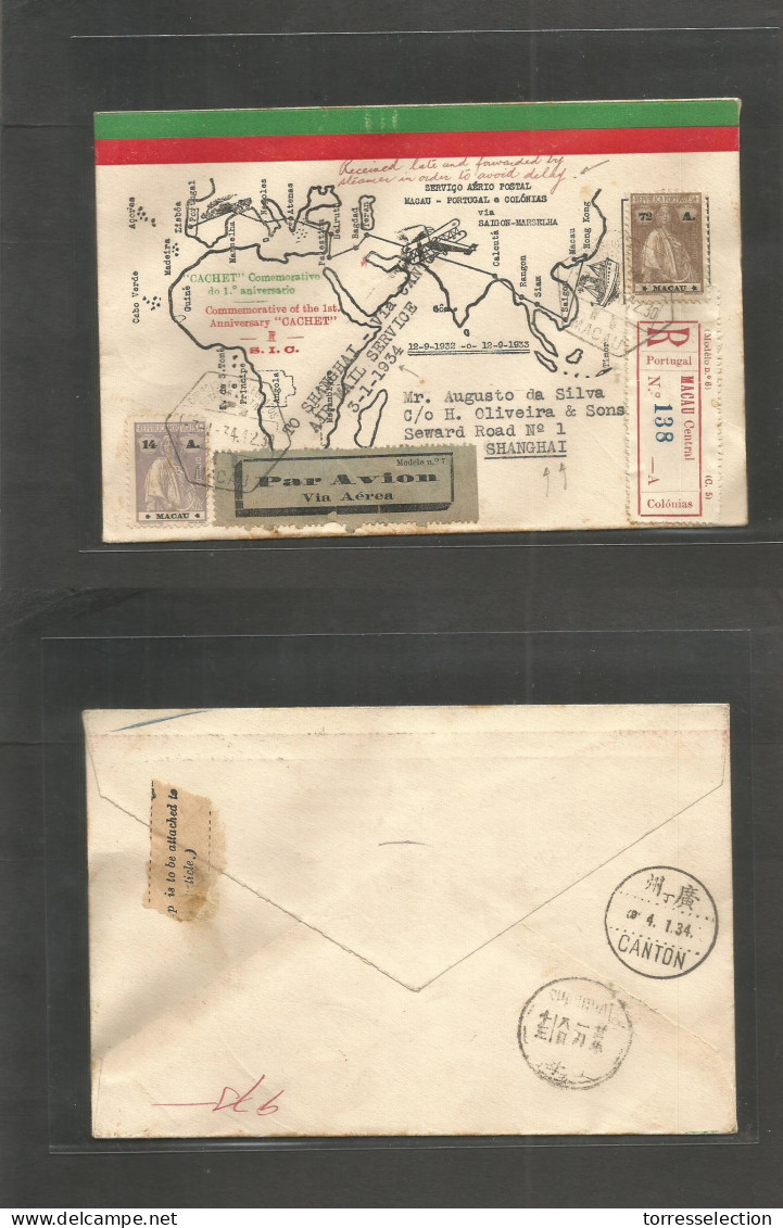 MACAU. 1934 (3 Jan) Portugal - Macau. 1st Anniv Commemorative Flight. Registered Ceres Multifkd Illustr Envelope To SHAN - Sonstige & Ohne Zuordnung