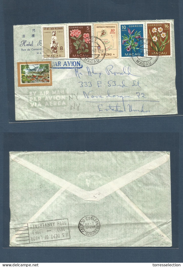 MACAU. 1963 (11 March) GPO - USA, NYC. Air Multifkd Envelope. Flowers Issue. - Sonstige & Ohne Zuordnung