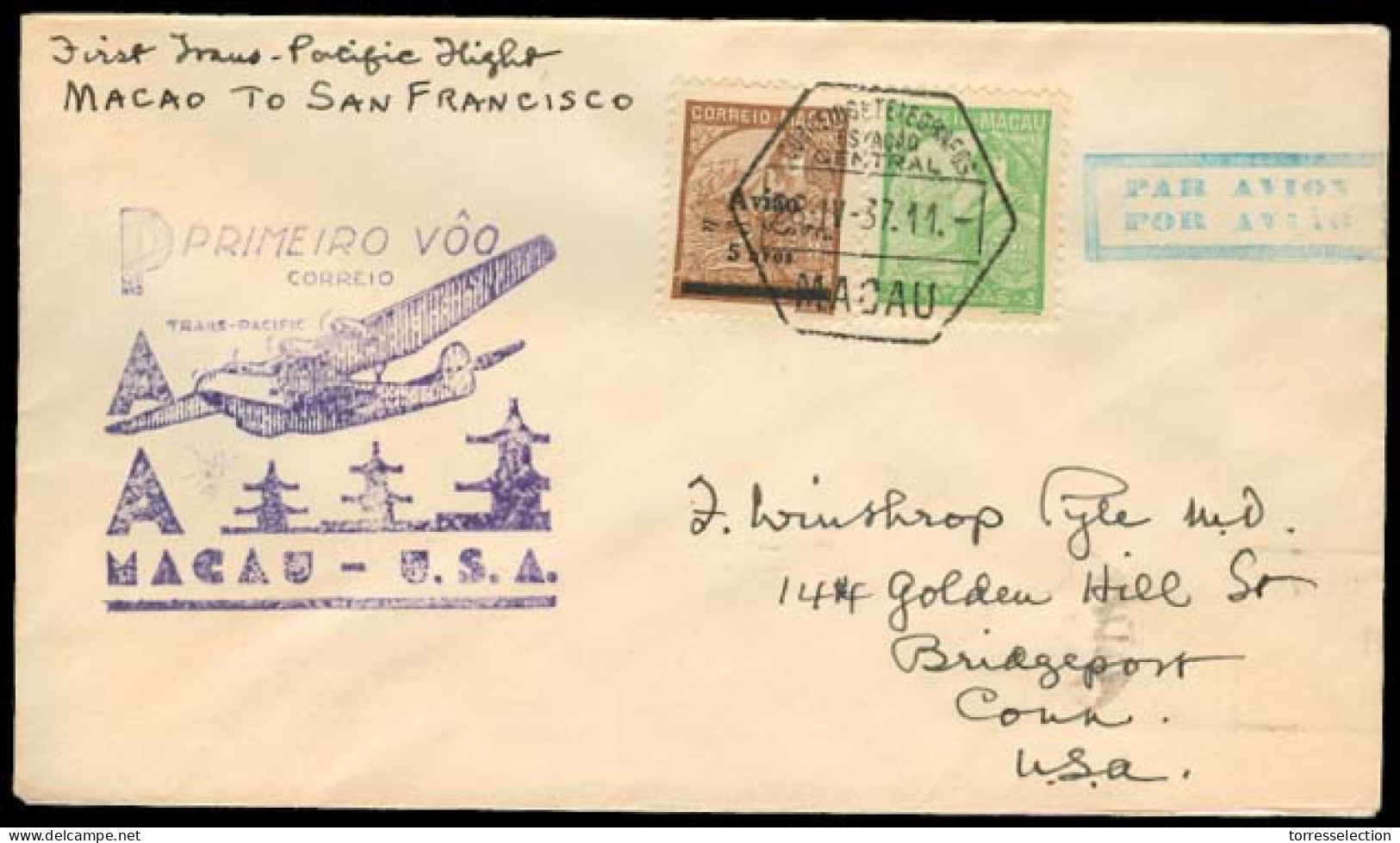 MACAU. 1937 (28 April). Macau - San Fco (4 May Reverse). Fkd Env. First Flight + Cachet. VF. - Sonstige & Ohne Zuordnung